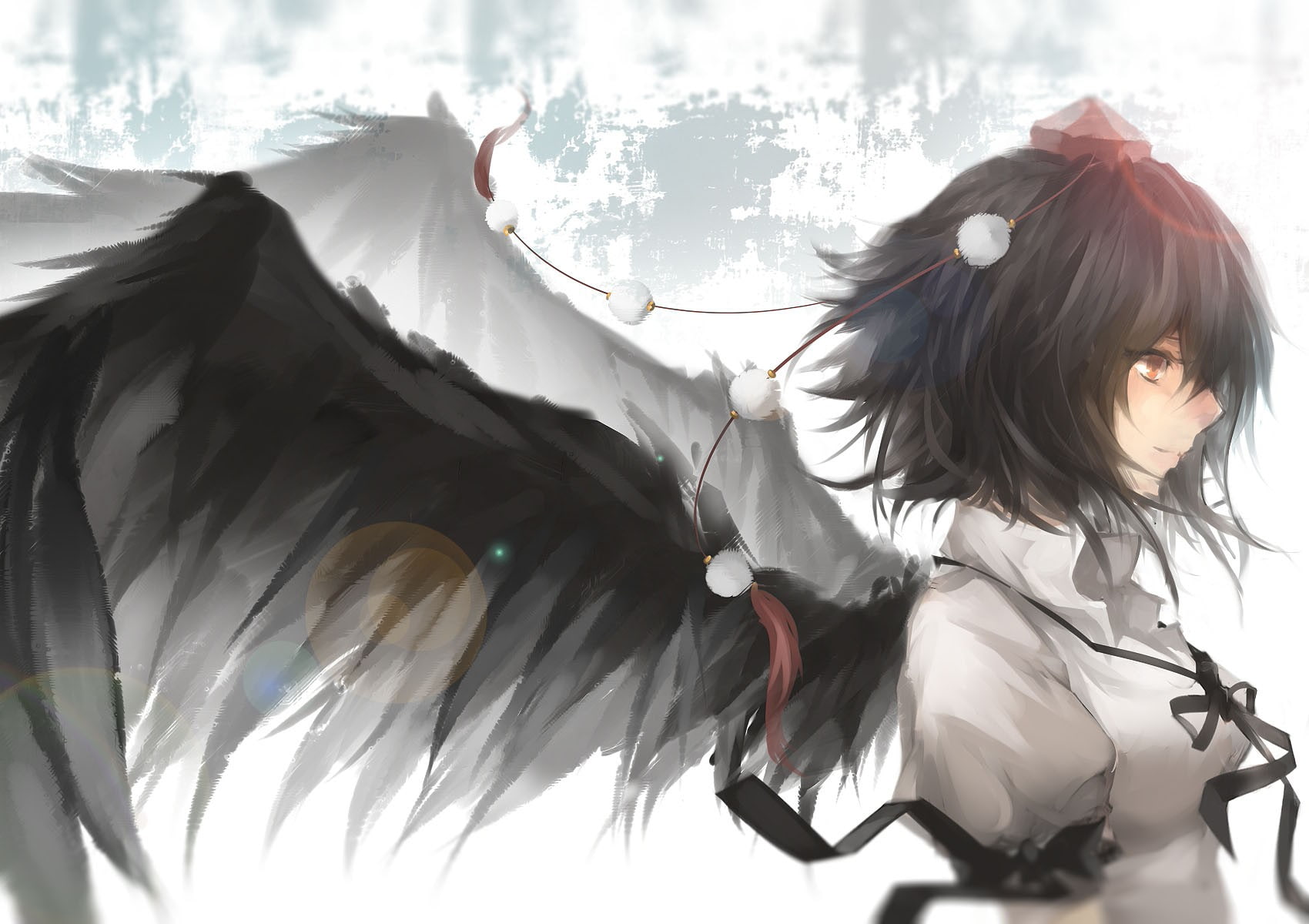 yellow eyes, Shameimaru Aya, ribbon, wings, looking away, Puffy Sleeves, solo, simple background, anime girls, short hair, 720P, black hair, Touhou, Tokin Hat, HD Wallpaper