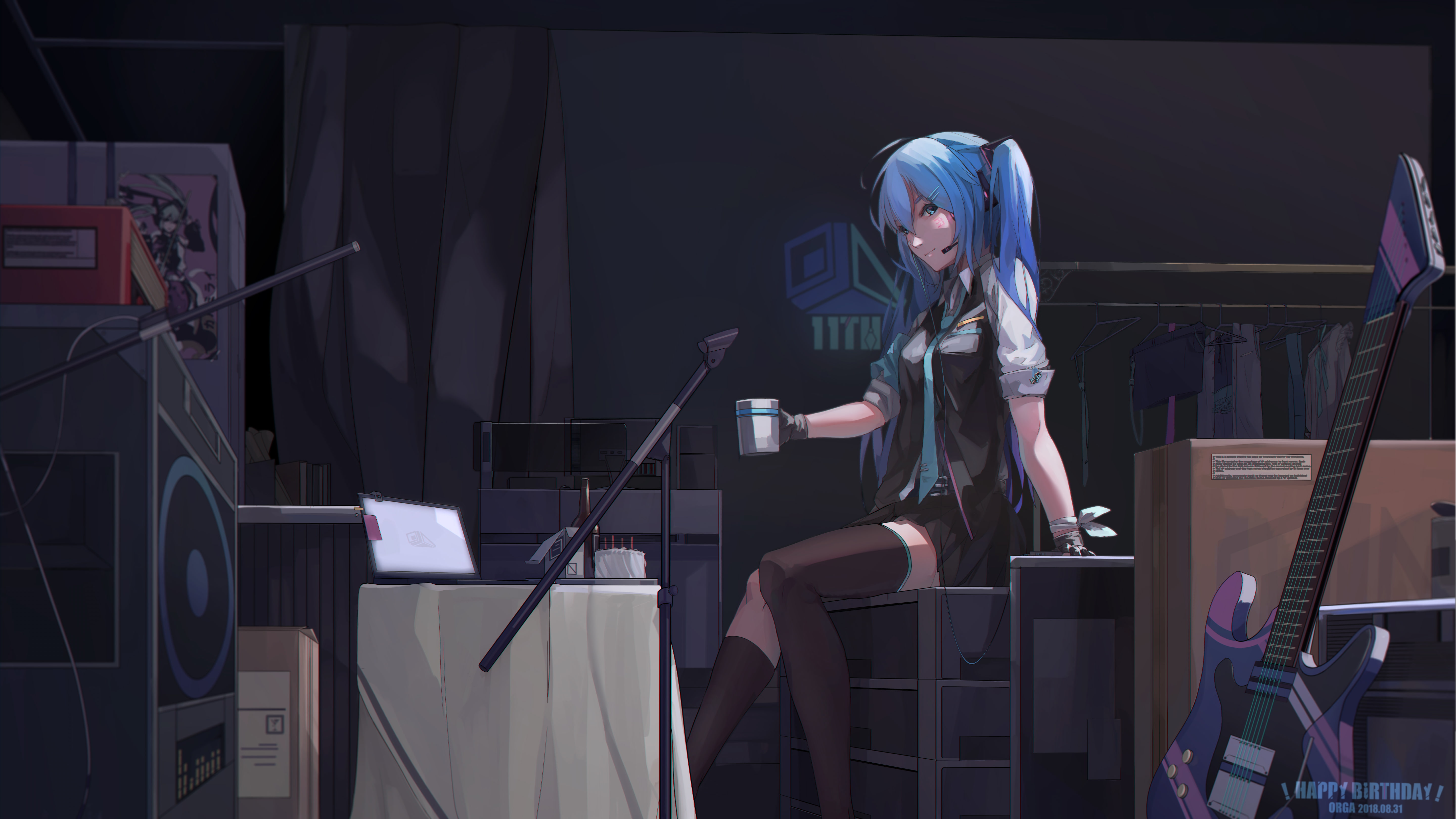 black legwear, stockings, chair, wardrobe, long hair, cup, front view, stickers, curtain, gloves, blue eyes, one person, twintails, black gloves, sitting, HD Wallpaper