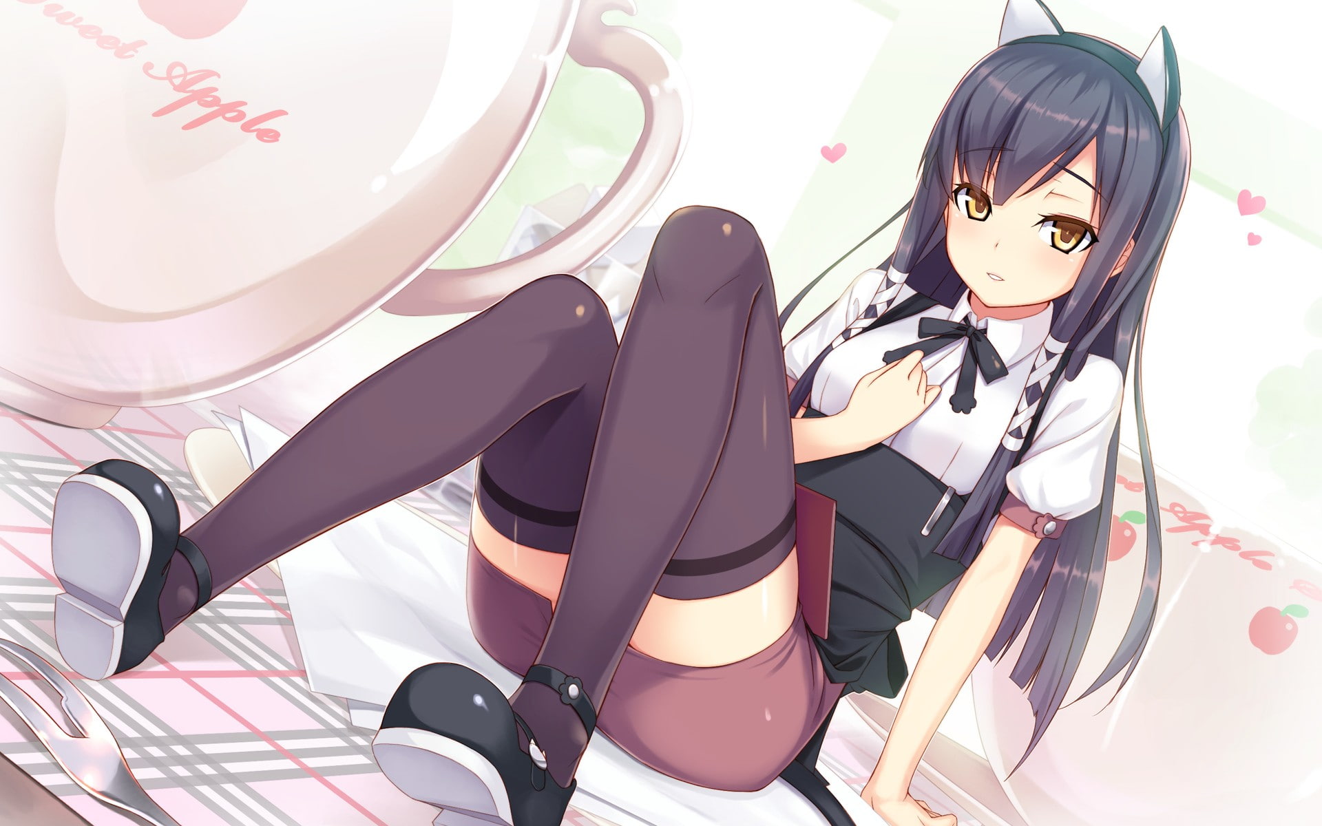 cat ears, 1080P, anime girls, anime, brunette, open mouth, Sera Karen, cat girl, yellow eyes, sitting, animal ears, Sakura Musubi, looking at viewer, nekomimi, HD Wallpaper