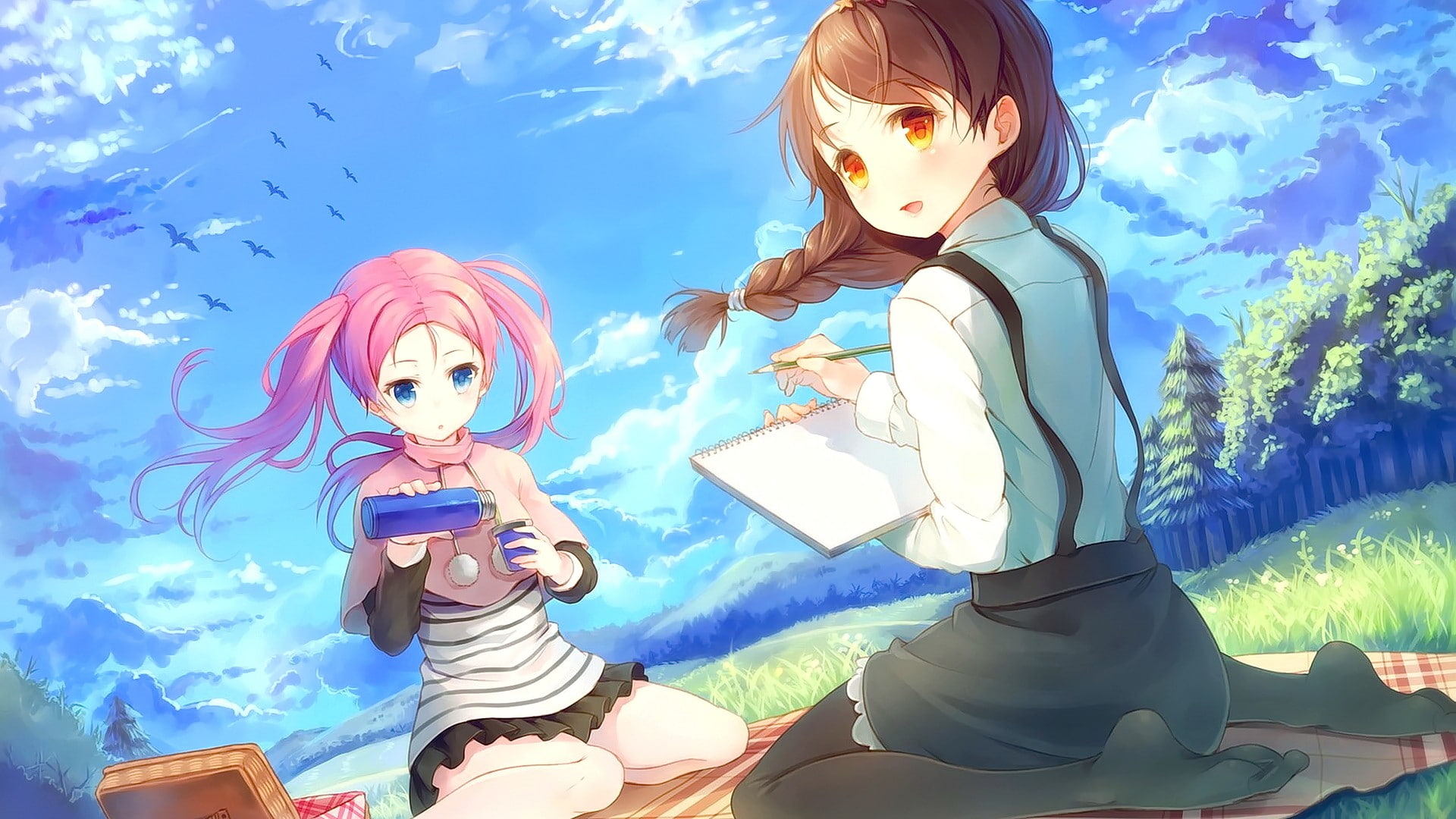 yellow eyes, brunette, sky, forest, smiling, birds, anime, open mouth, 1080P, blue eyes, school uniform, clouds, long hair, pink hair, looking away, looking at viewer, HD Wallpaper
