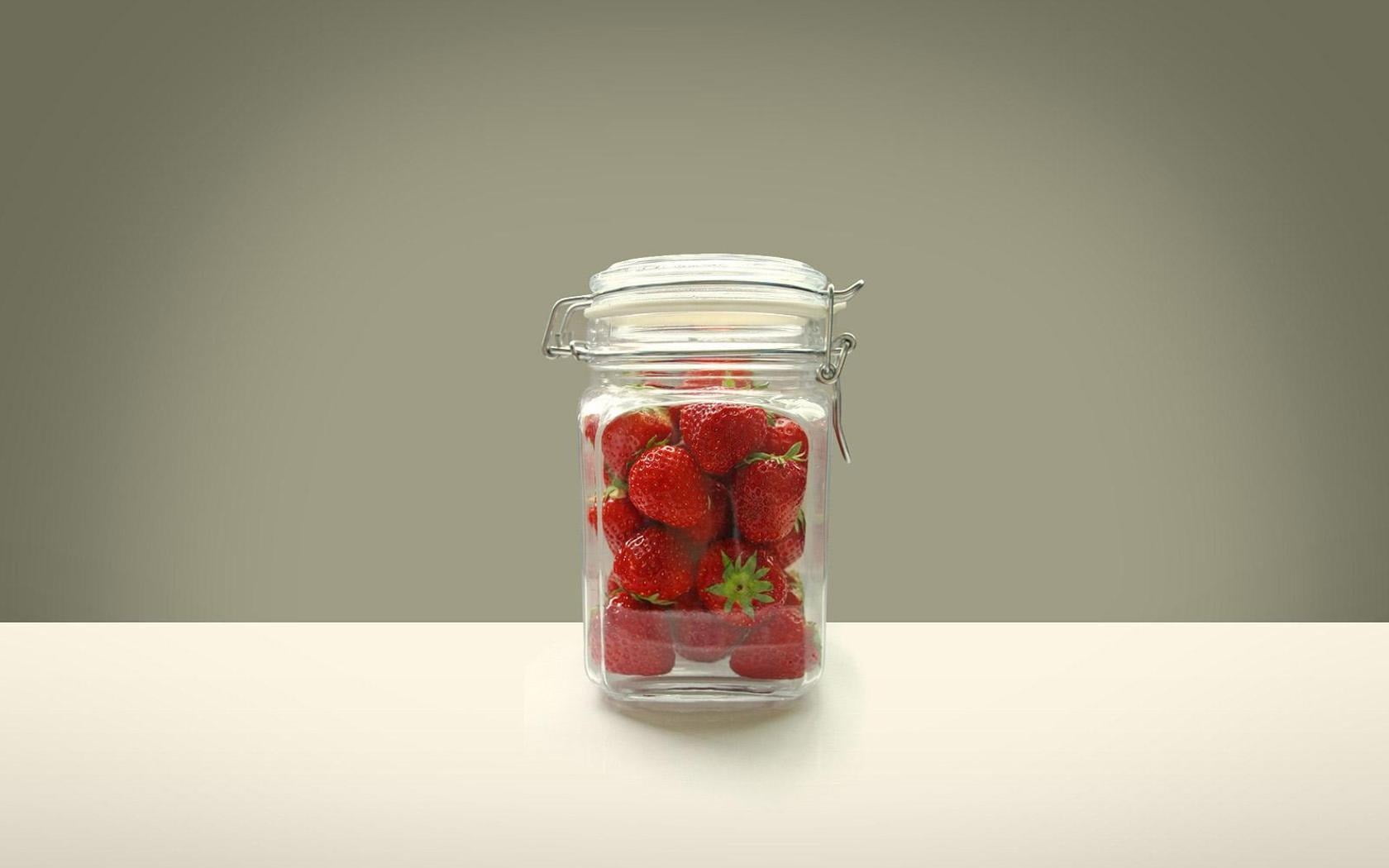 vitamins, strawberry, table, glass - material, Bank, fruit, studio shot, minimalism, container, jar, food, red, 720P, clear, indoors, healthy eating, HD Wallpaper