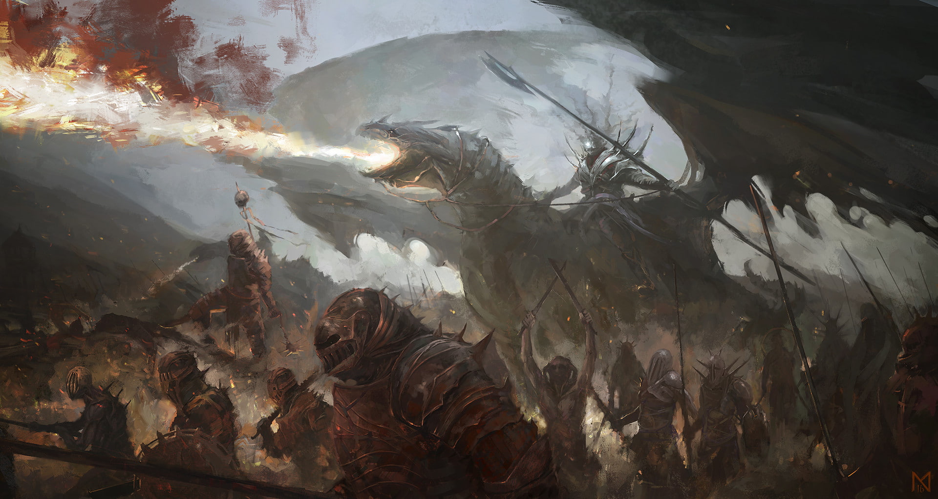 1080P, army, fire, digital art, warrior, fantasy art, dragon, HD Wallpaper
