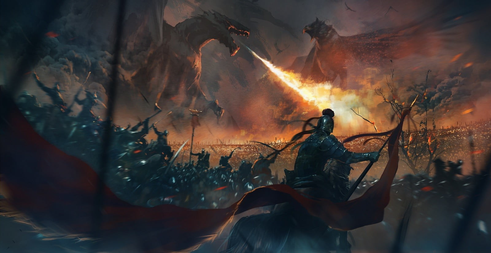 fire, flag, army, warrior, digital art, dragon, fantasy art, 720P, HD Wallpaper