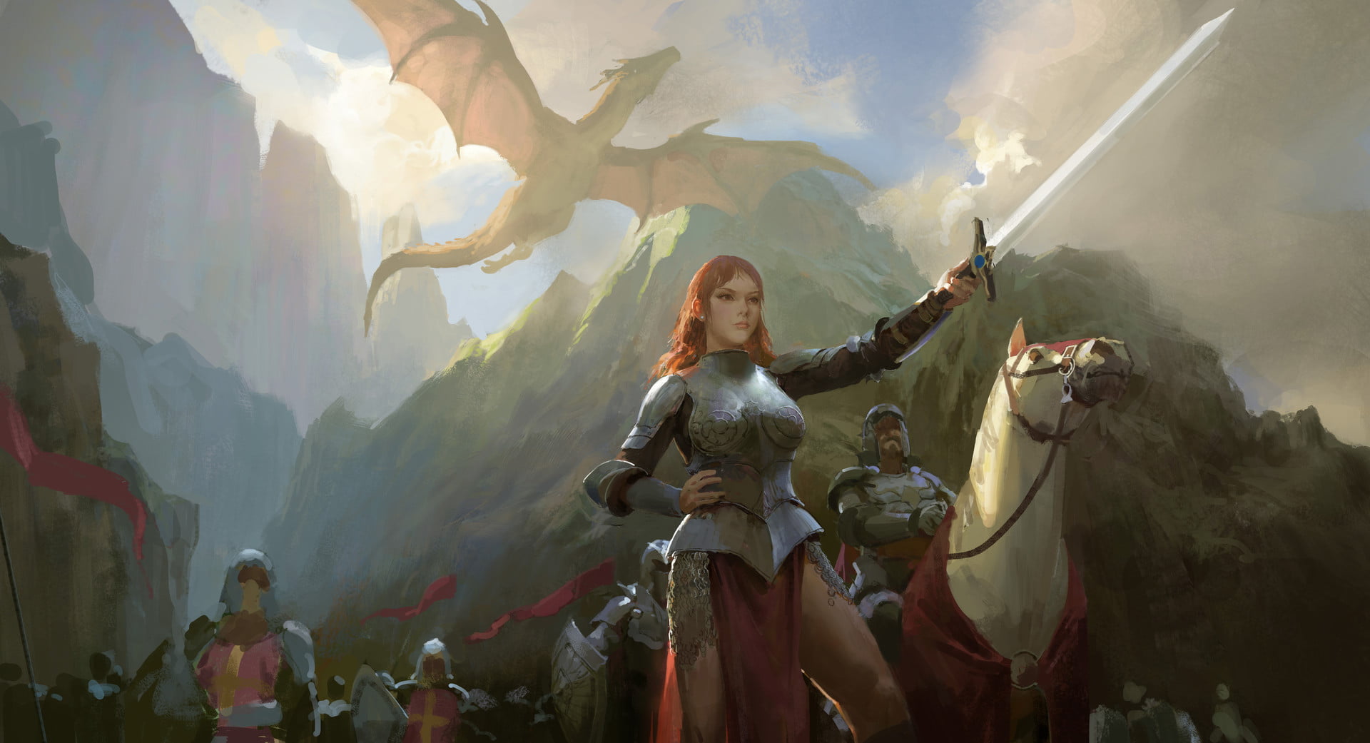 illustration, digital art, medieval, fantasy art, fantasy girl, warrior, mountains, army, women, horse, flag, 1080P, Armored, dragon, sword, HD Wallpaper