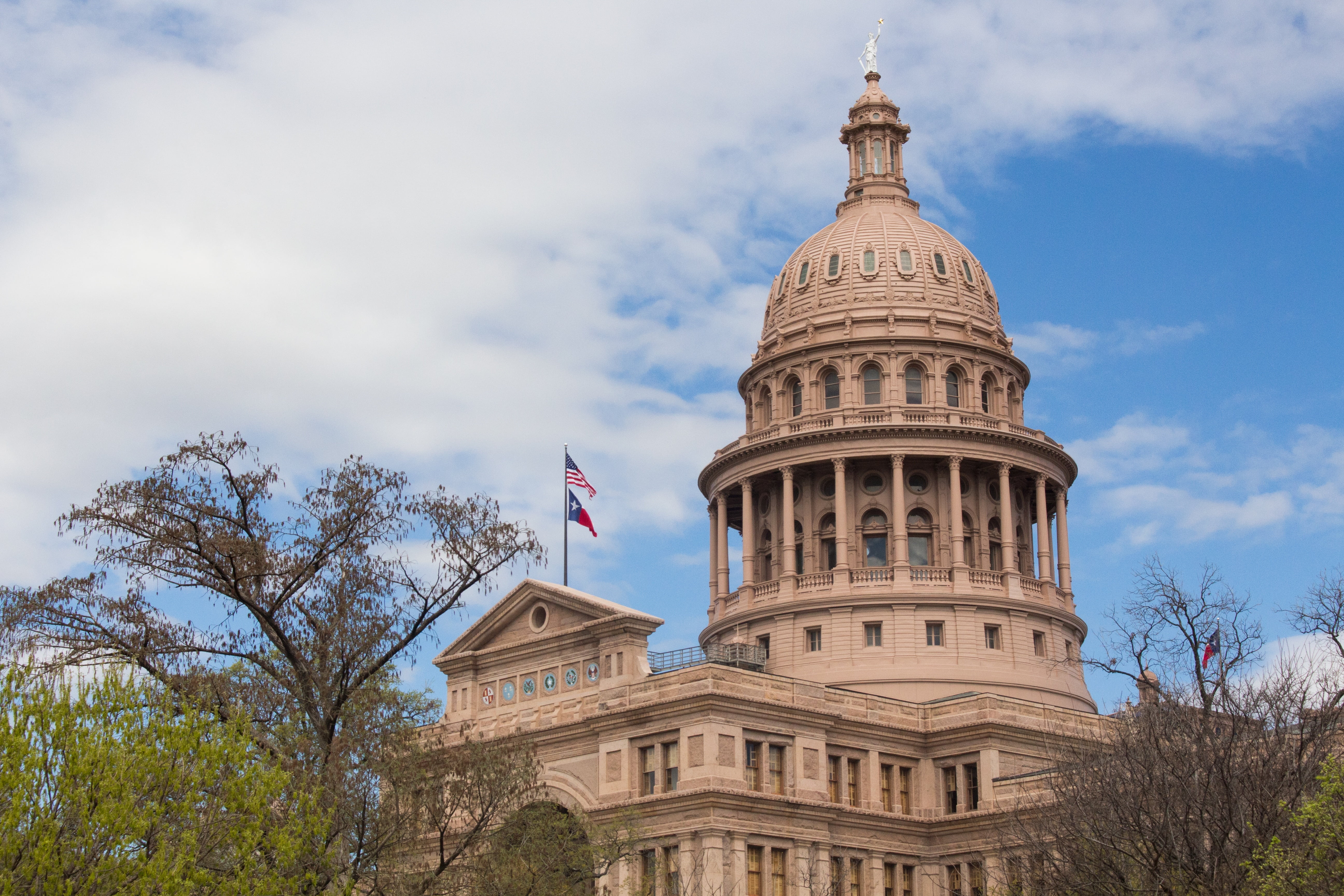 travel, office building exterior, blue, tree, architecture, capitol, day, cloud - sky, concrete, pole, clouds, s, trees, building, infrastructure, red, HD Wallpaper