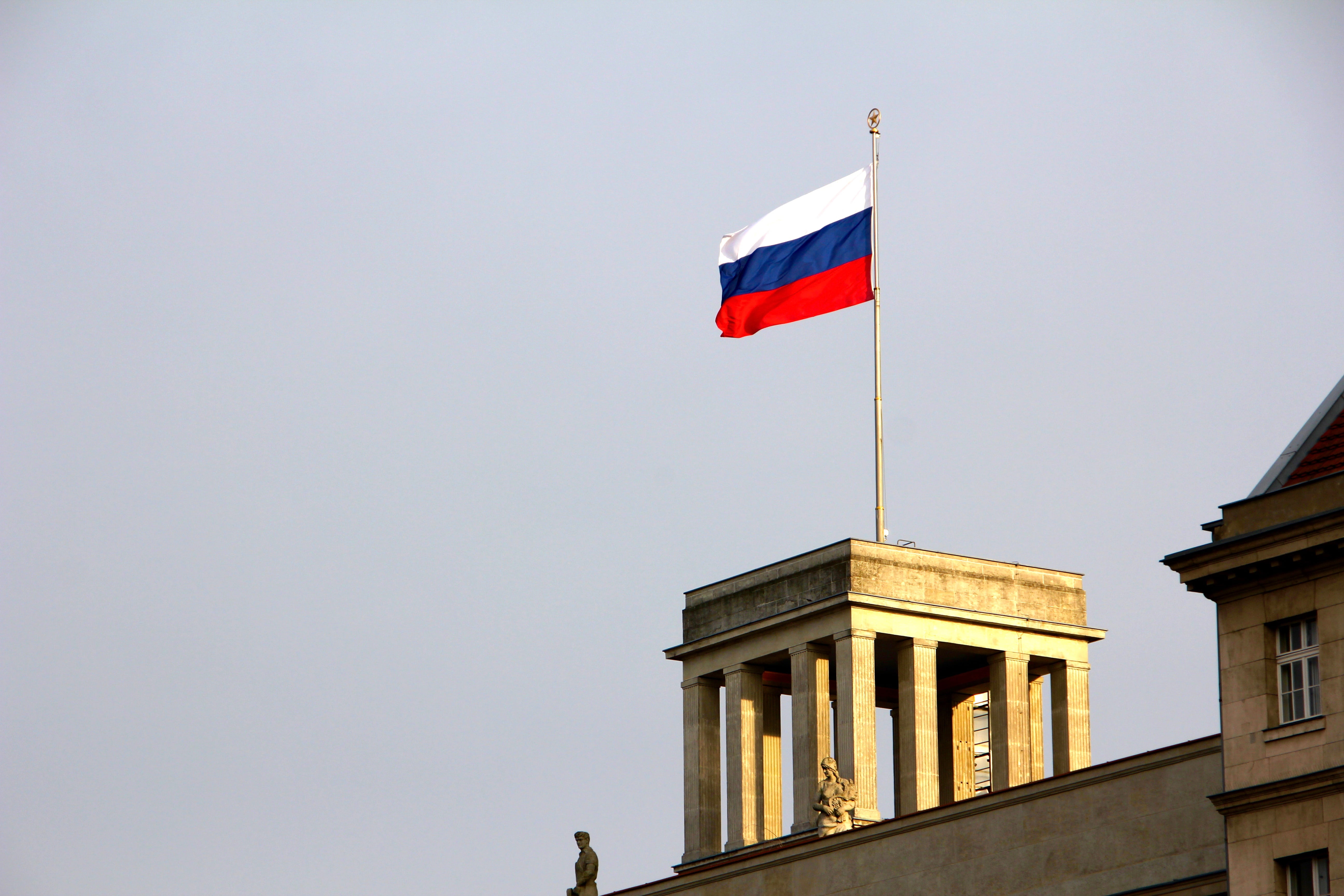 built structure, nature, russia, the past, concrete, embassy, city, flag, sky, architectural column, building exterior, no people, berlin, gray, 5K, day, HD Wallpaper