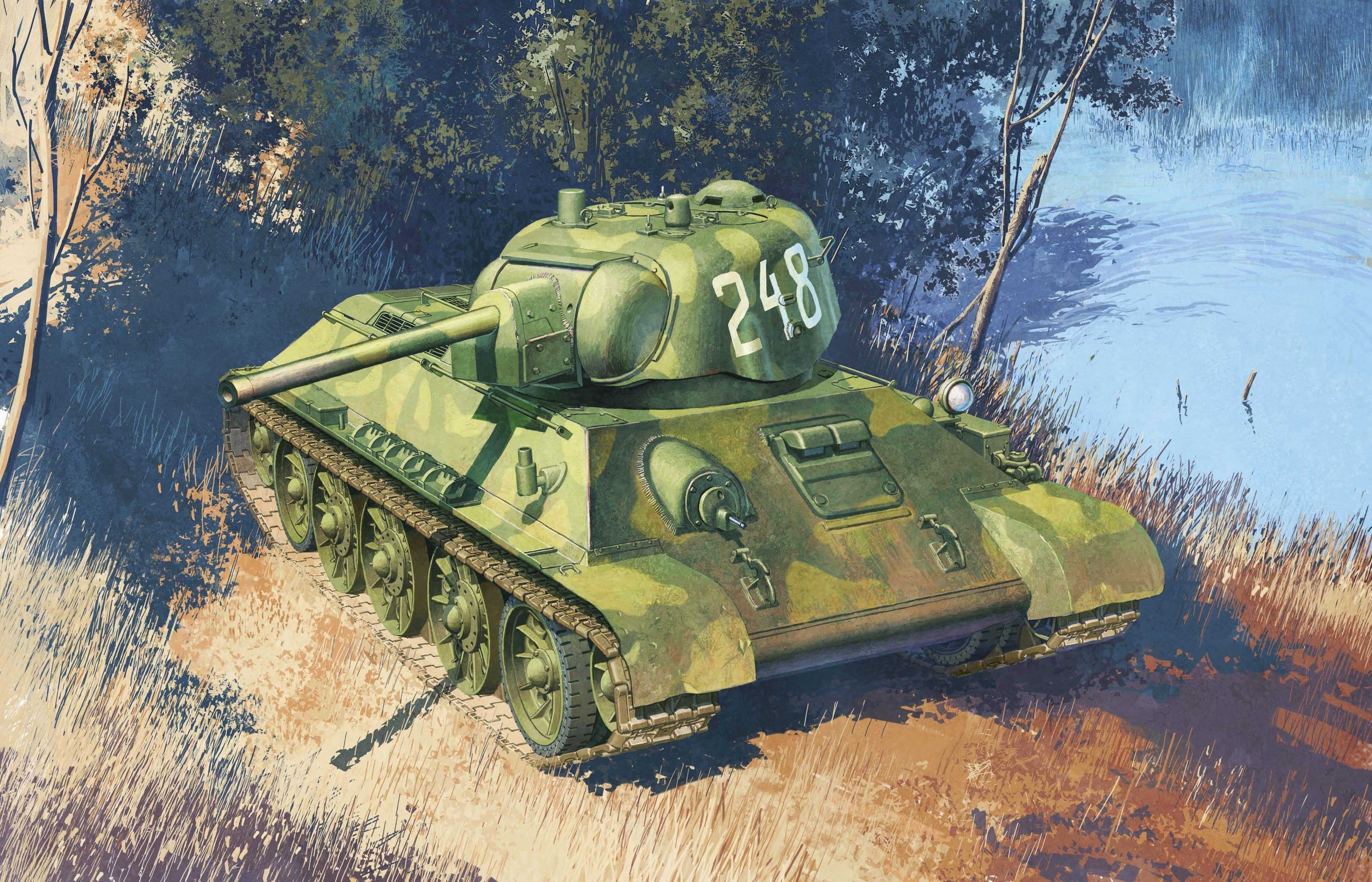 armored tank, tree, the mold, communication, 1942., T-34-76, thirty-four, nature, military, land, battle, mode of transportation, conflict, government, HD Wallpaper