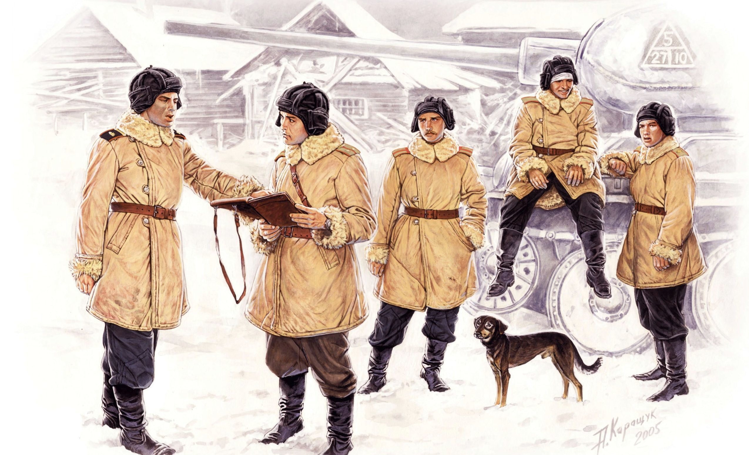 WWII, tankers, T-34-85, tank, average, A. Karashchuk, the crew, 1080P, Soviet, dog, art, figure, HD Wallpaper