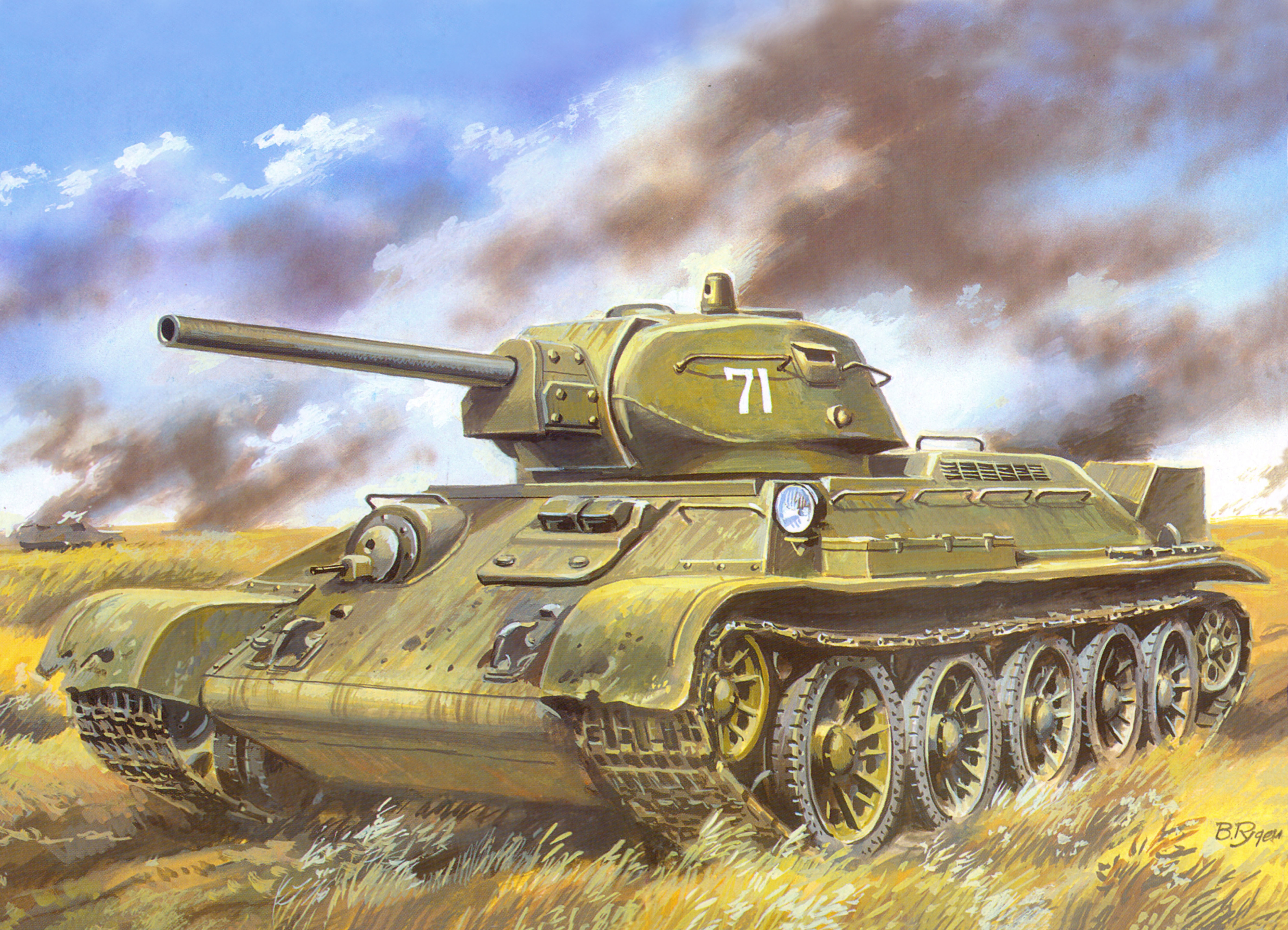 aggression, T-34-76, tank, field, battle, armored Tank, Soviet, army, day, cloud - sky, conflict, old, sky, machinery, average, 5K, green, illustration, HD Wallpaper