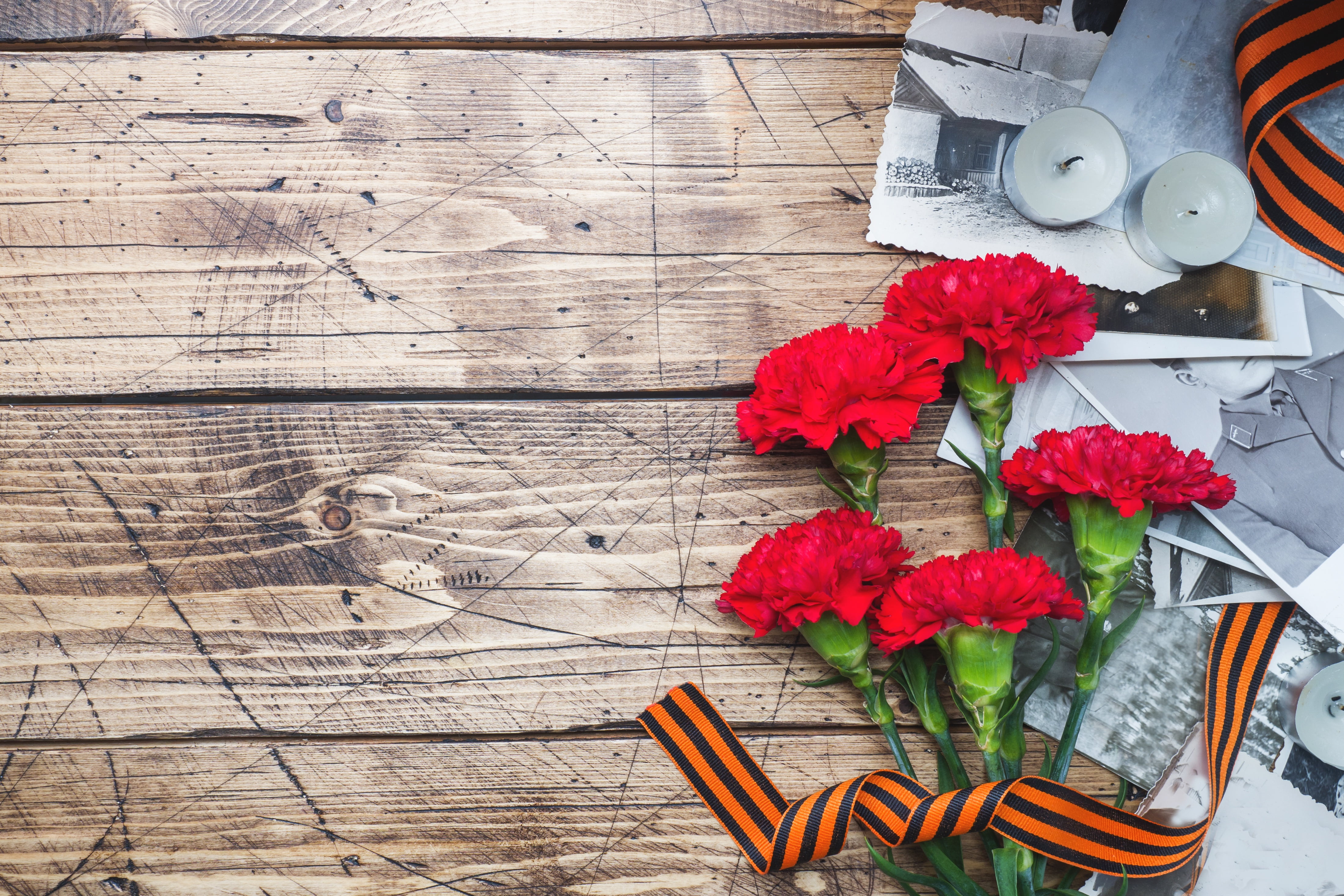 candles, holiday, flowers, 4K, May 9, victory day, photo, carnation, St. George ribbon, HD Wallpaper