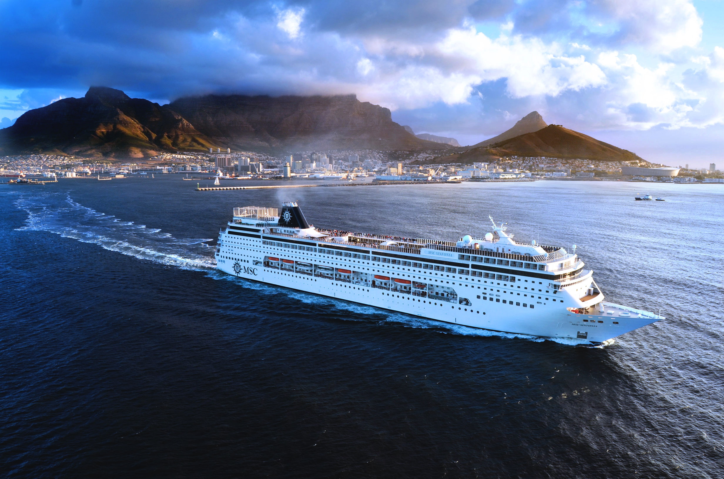 msc, sea, day, mountains, city, sky, passenger, white, 1080P, sinfonia, ship, HD Wallpaper