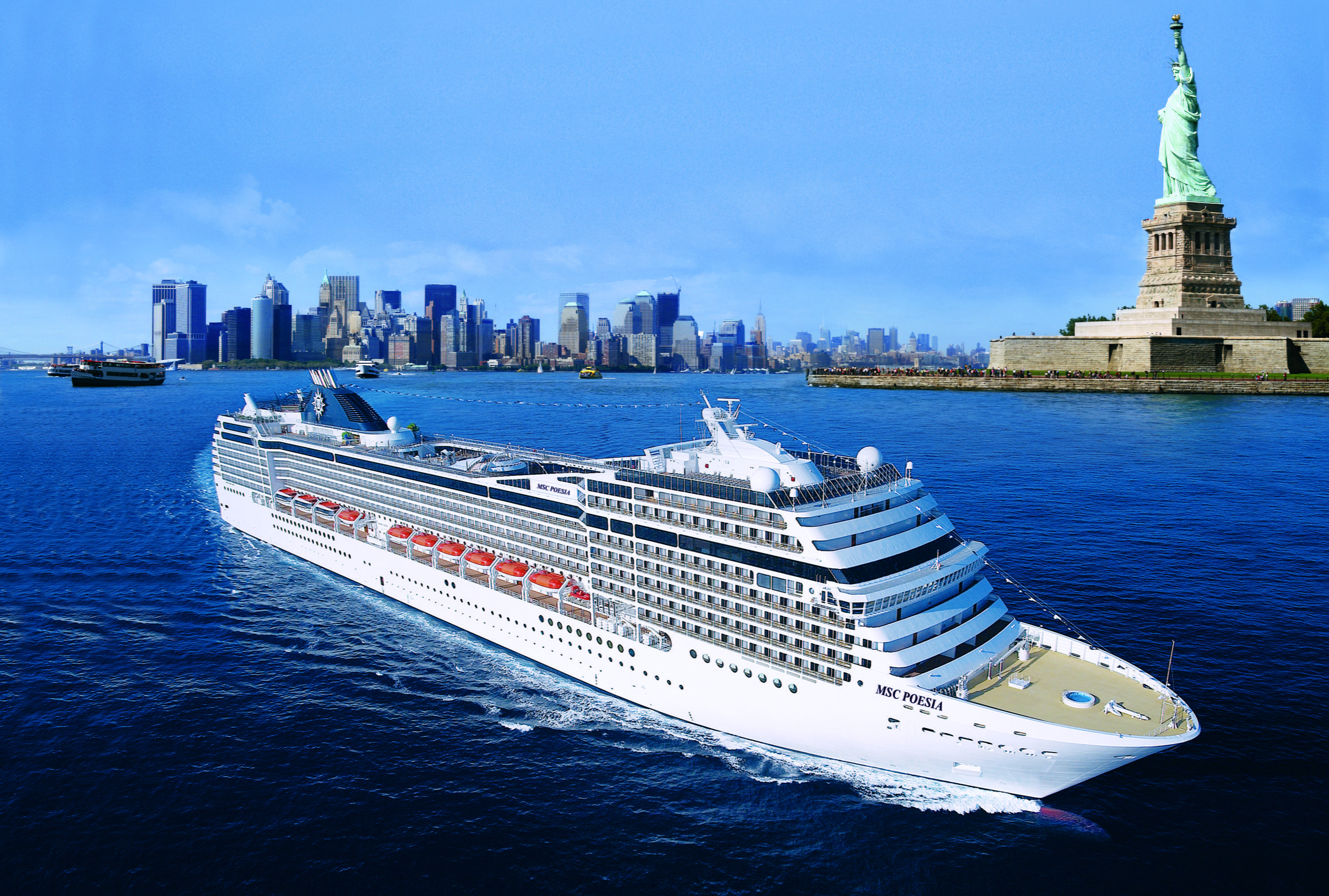 Day, The city, Liner, The ship, MSC Poesia, On the go, New York, Sea, White, 2K, HD Wallpaper