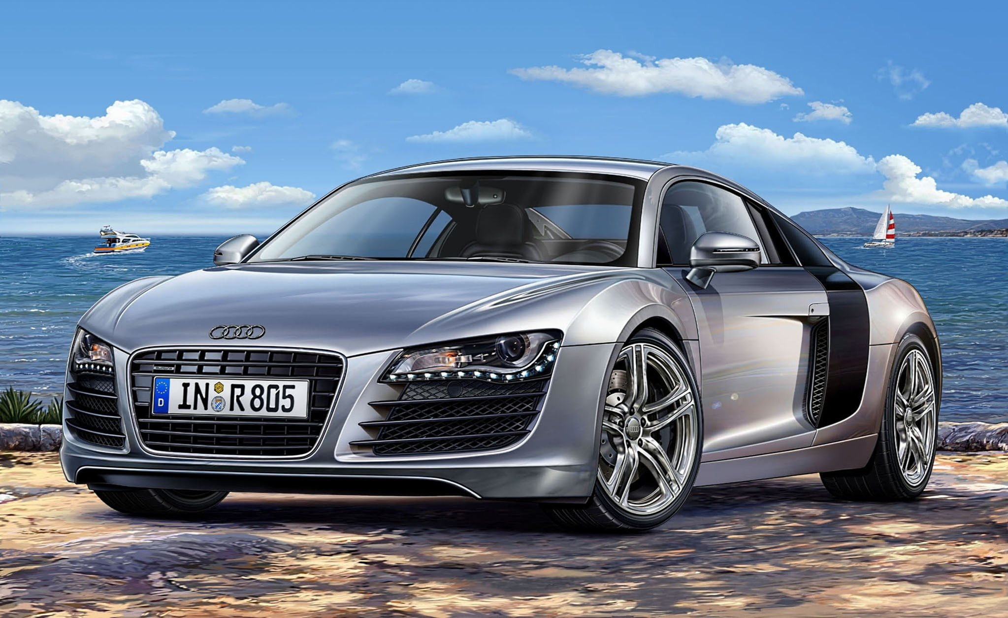 420, no people, power, automaker, to accelerate, allows, 2007., Эр8, 100 km-h, Audi, travel, supercar, car, coupe, silver, art, outdoors, mid-engined, sea, HD Wallpaper