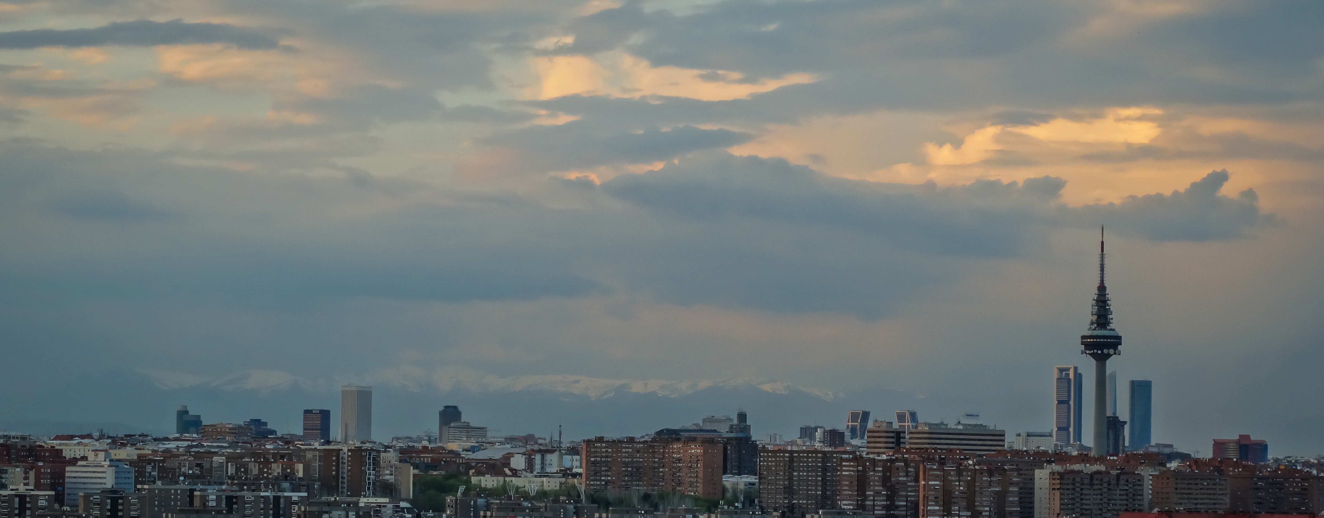 sunset, building, skyscraper, cloud - sky, business, landscape, modern, sierra, photograph, tower, 4K, no people, torrespaña, office building exterior, HD Wallpaper