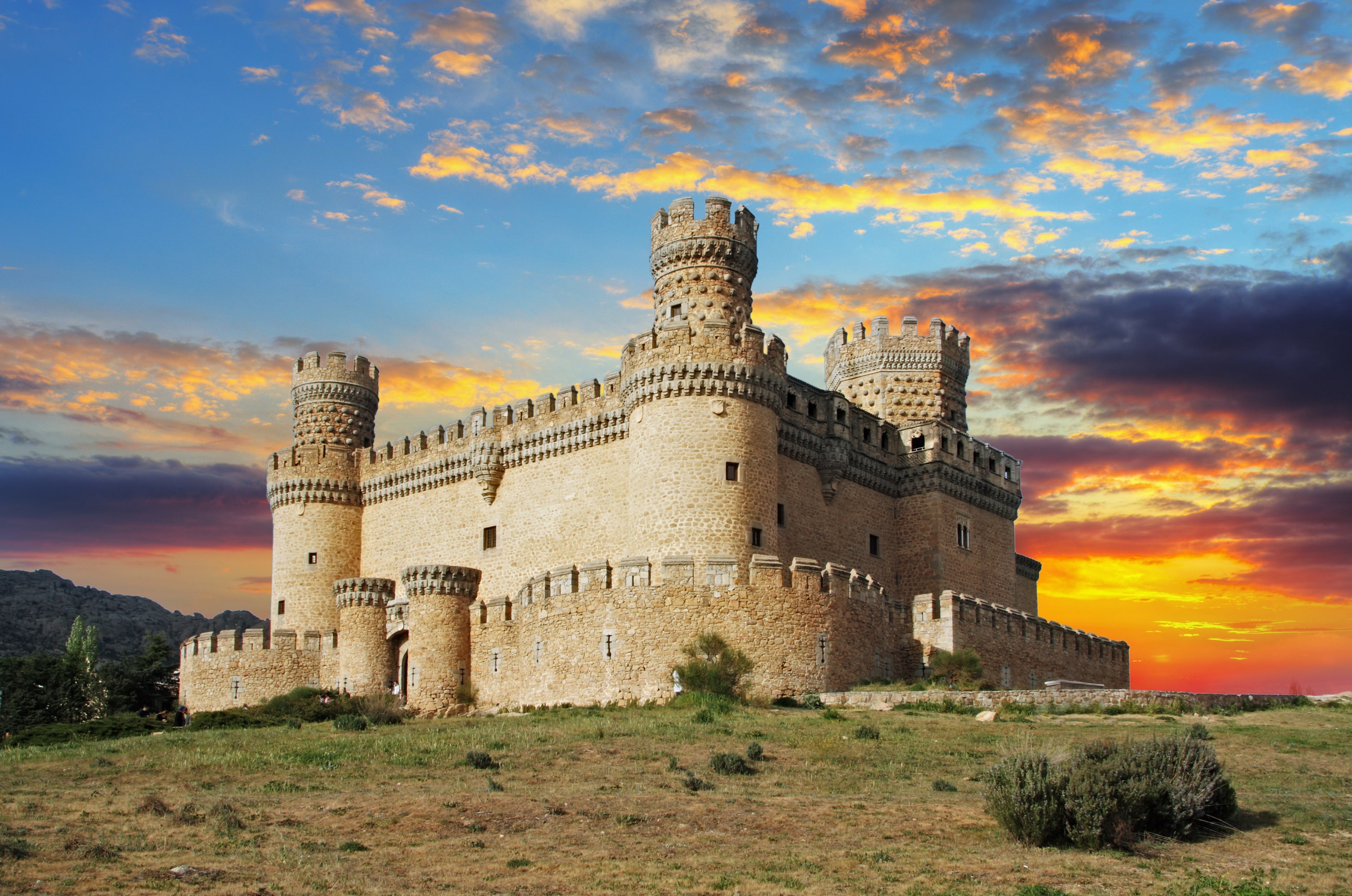 the sky, fortress, the evening, 2K, Manzanares el Real Castle, clouds, castle, Spain, sunset, HD Wallpaper