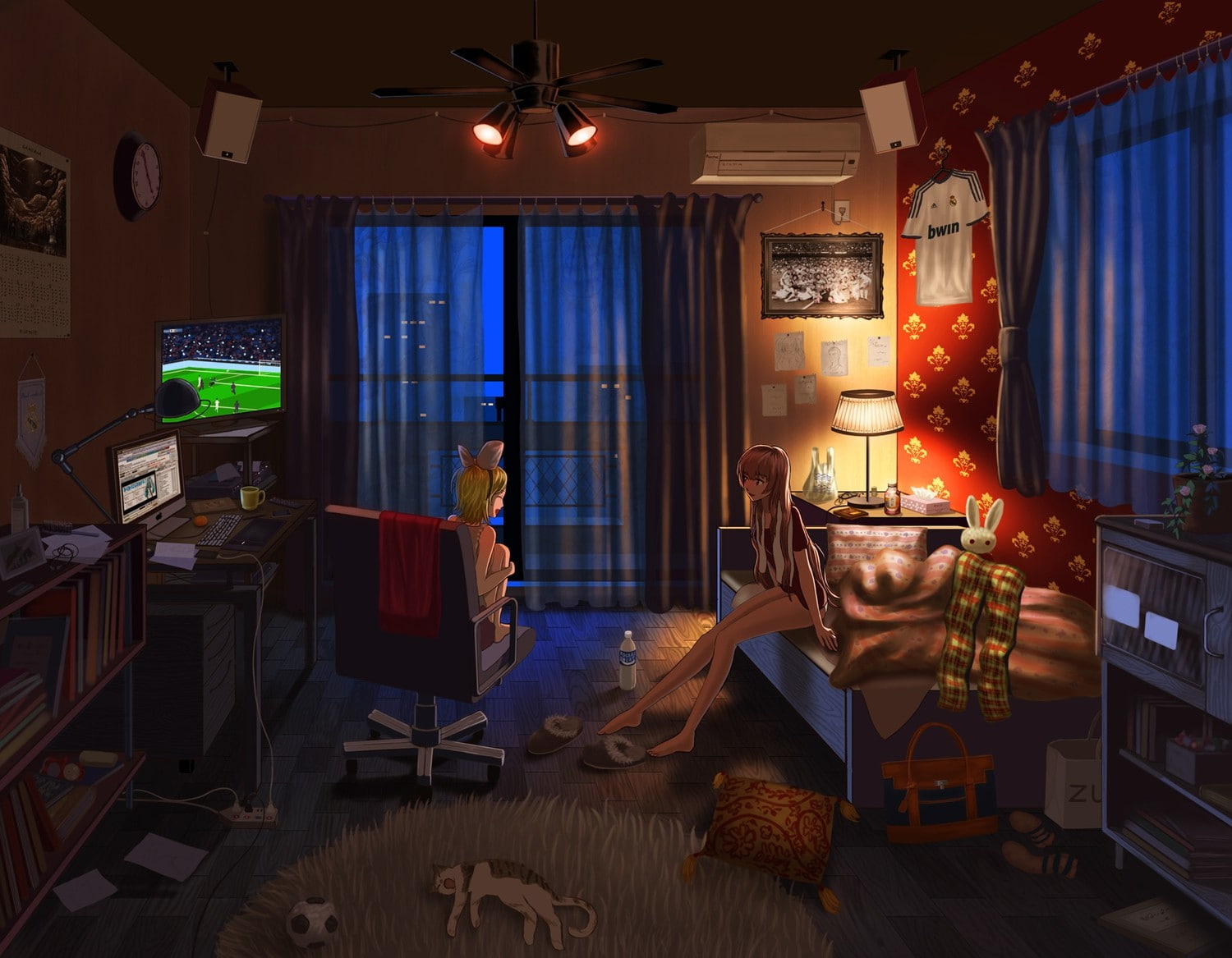 el classico, bedroom, curtains, Kagamine Rin, anime, Real Madrid, 720P, Vocaloid, anime girls, Megurine Luka, HD Wallpaper