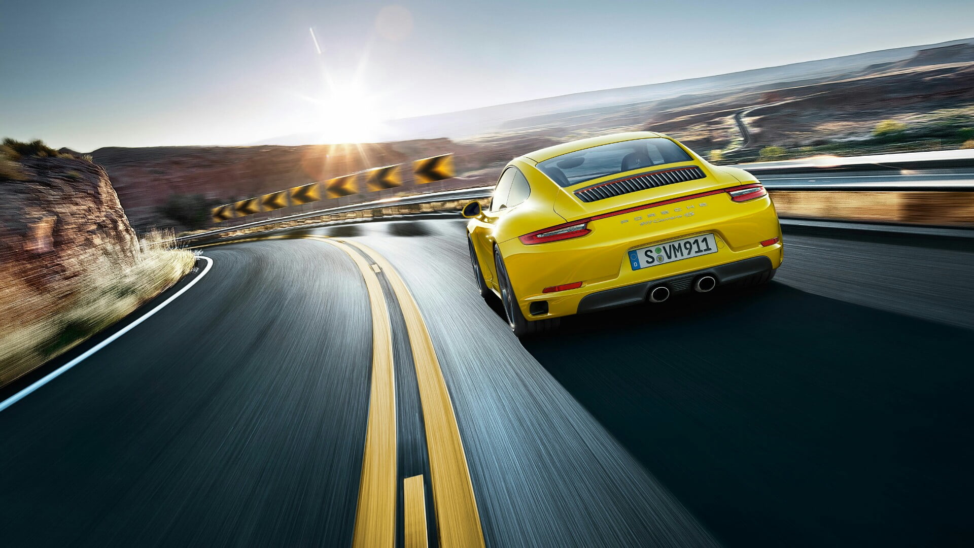 porshe, 1080P, transportation, city, car, on the move, blurred motion, architecture, multiple lane highway, yellow, outdoors, v8, sign, motor vehicle, HD Wallpaper