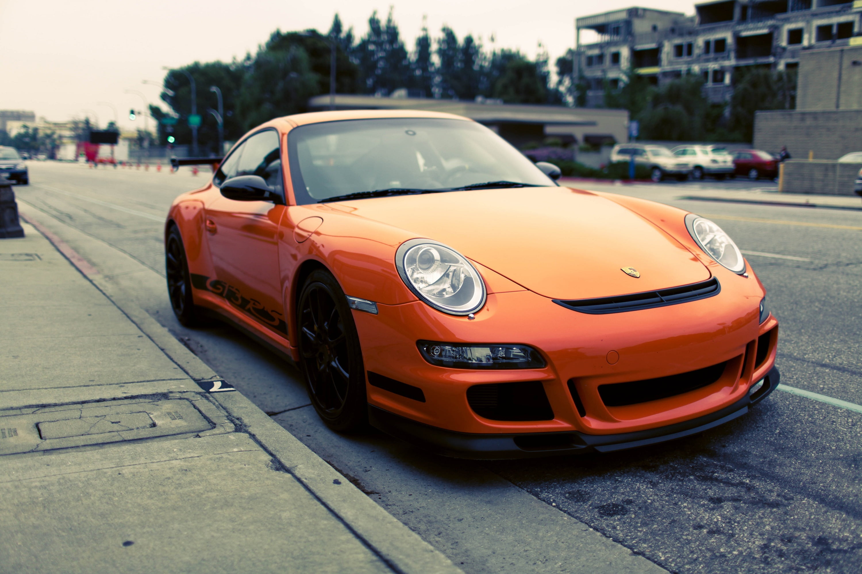 2K, porshe gt3 rs, road, auto, street, focus on foreground, Photography, porshe, sunlight, nature, transportation, no people, Parking, built structure, HD Wallpaper