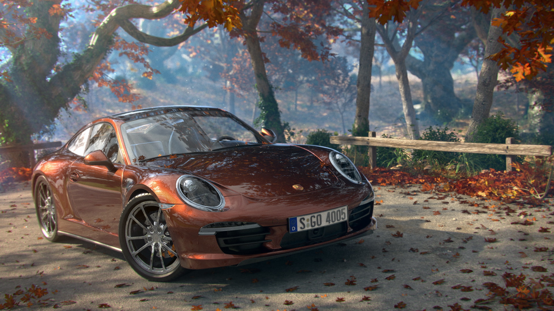 car, brown, retro styled, machine, Porsche, land, plant, road, s, autumn, leaves, mystery, tree, 1080P, land vehicle, trees, damaged, day, mode of transportation, HD Wallpaper