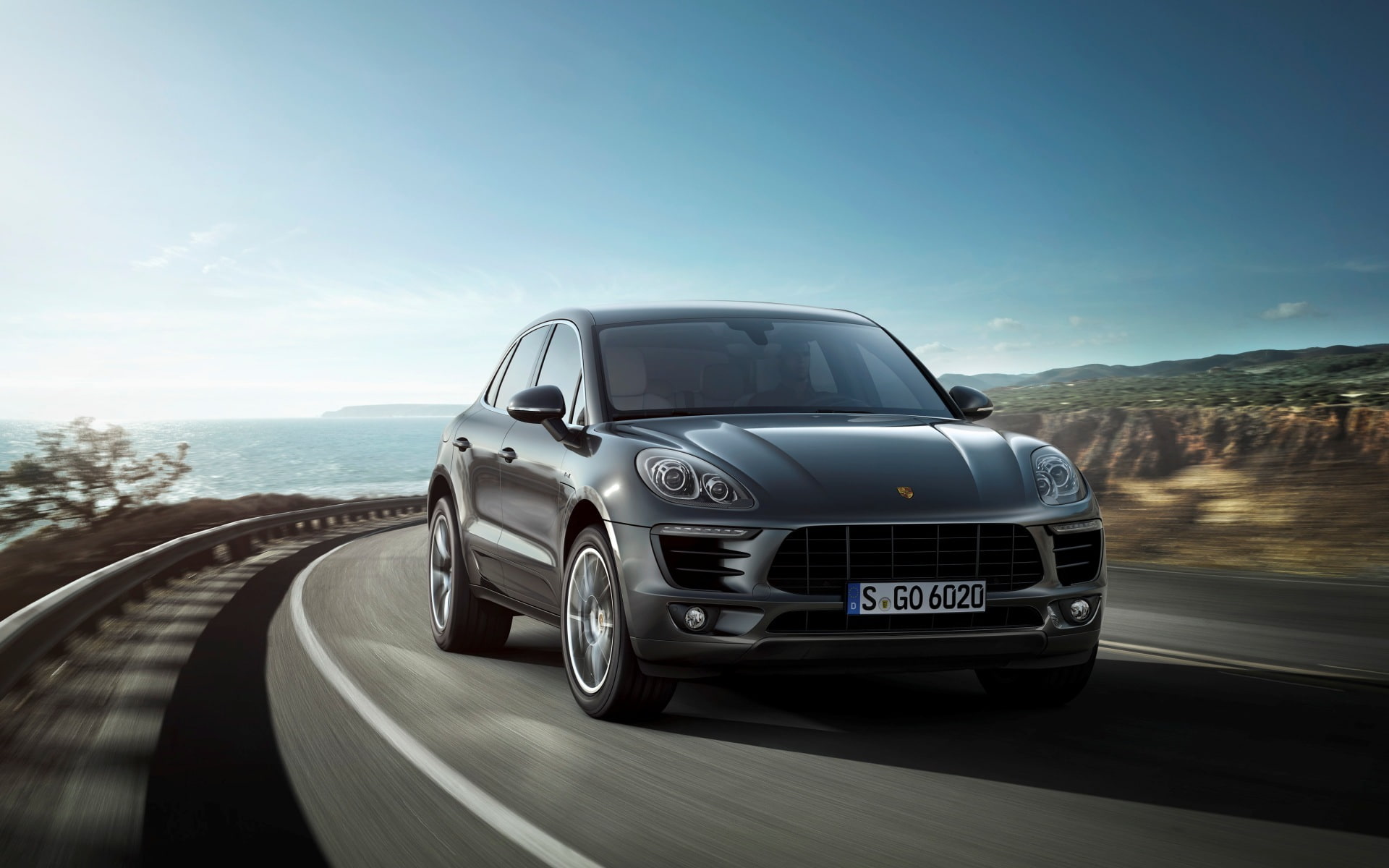 sea, SUV, Makan, jeep, road, the sun, Porshe, Macan, Macan S, 2014, 1080P, landscape, Porsche, HD Wallpaper