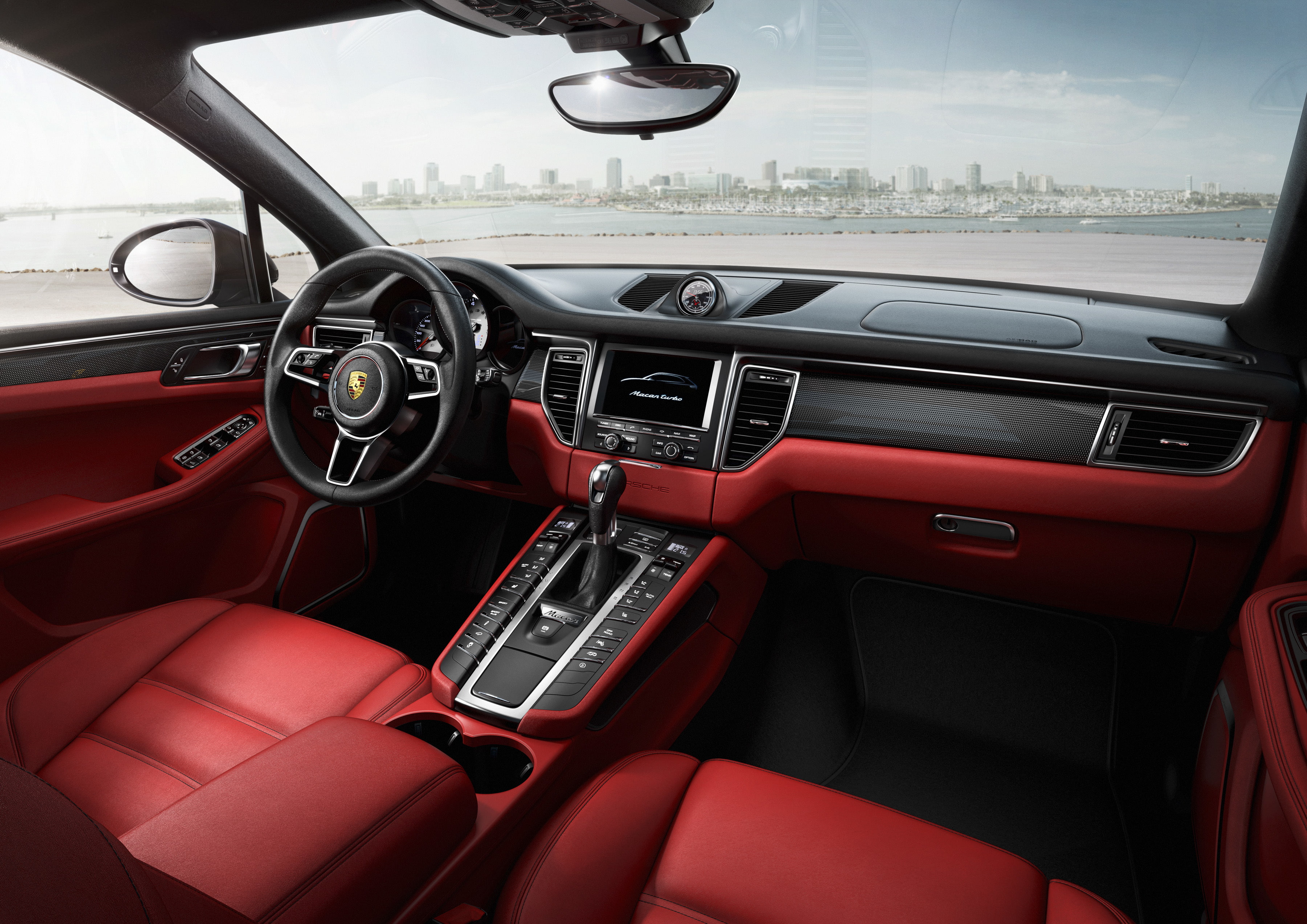 Turbo, interior, beach, leather, Porsche, megapolis, Makan, red, salon, SUV, seats, promenade, vehicle, the sun, Porshe, jeep, 2K, the city, bucket, Macan, HD Wallpaper