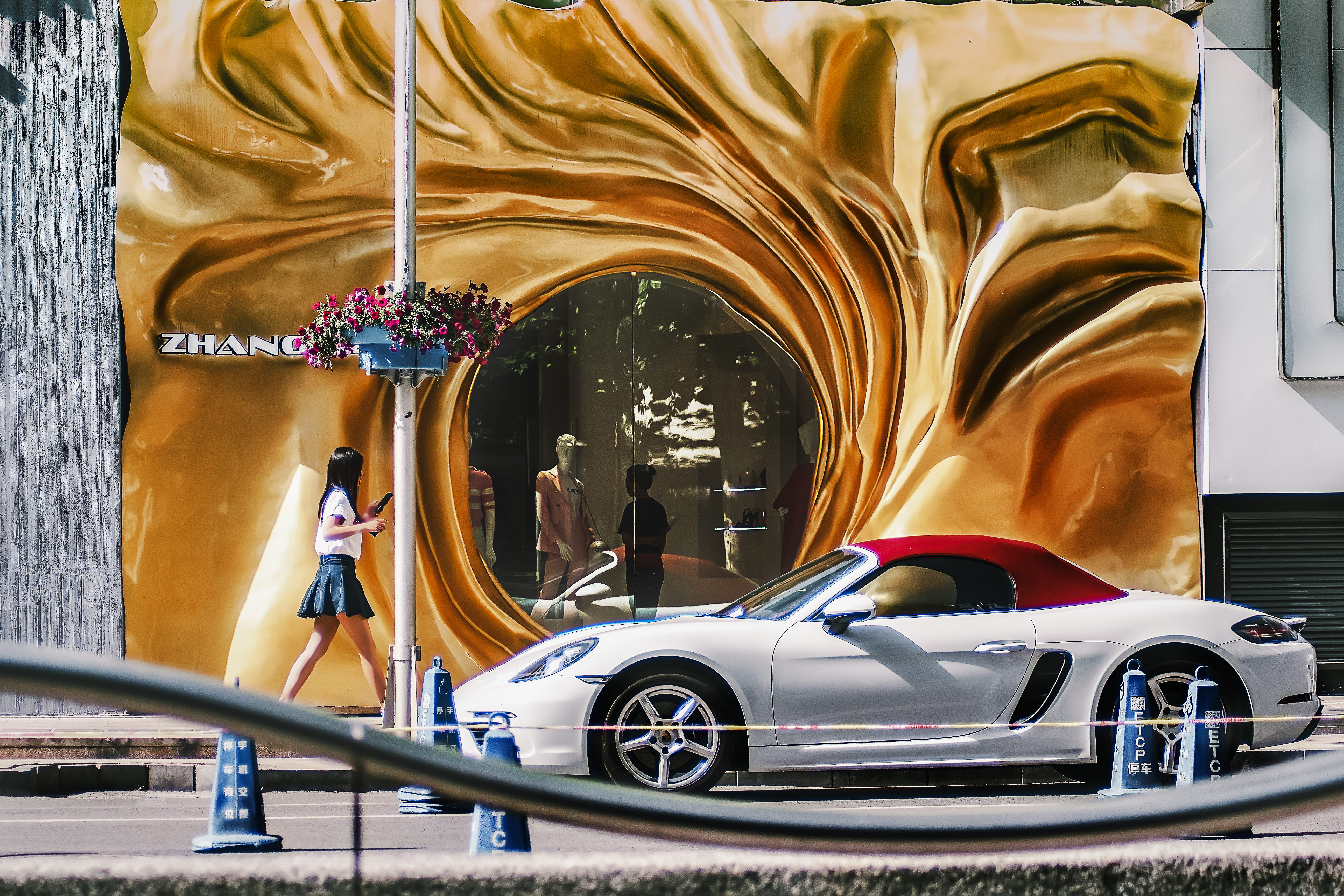 lady, young, female, transportation, 5K, exterior, car, convertable, woman, soft top, 商场, window, skirt, carrera, urban, porshe, coupe, sports car, red, HD Wallpaper
