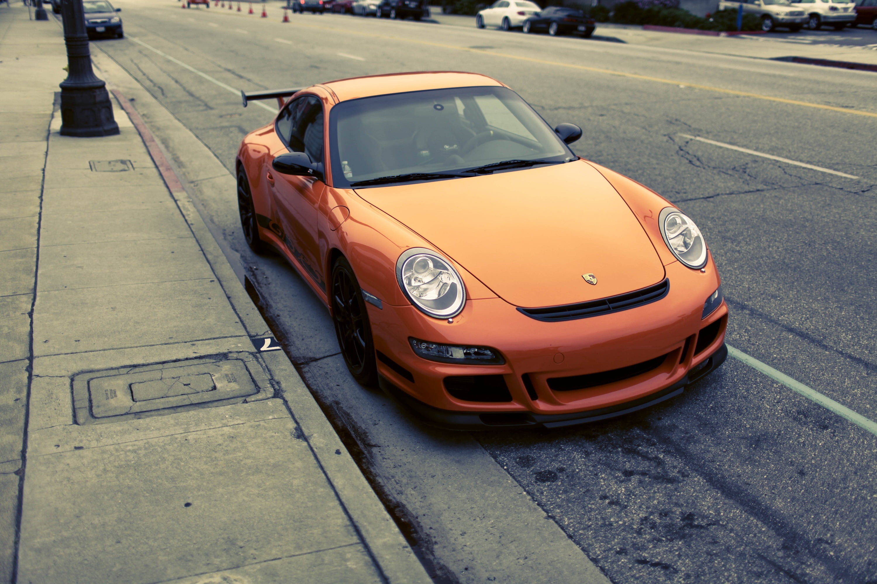 Porshe gt3 rs, road marking, land vehicle, photo, stationary, orange, coupe, orange color, motor vehicle, high angle view, stop, car, Photography, City, HD Wallpaper