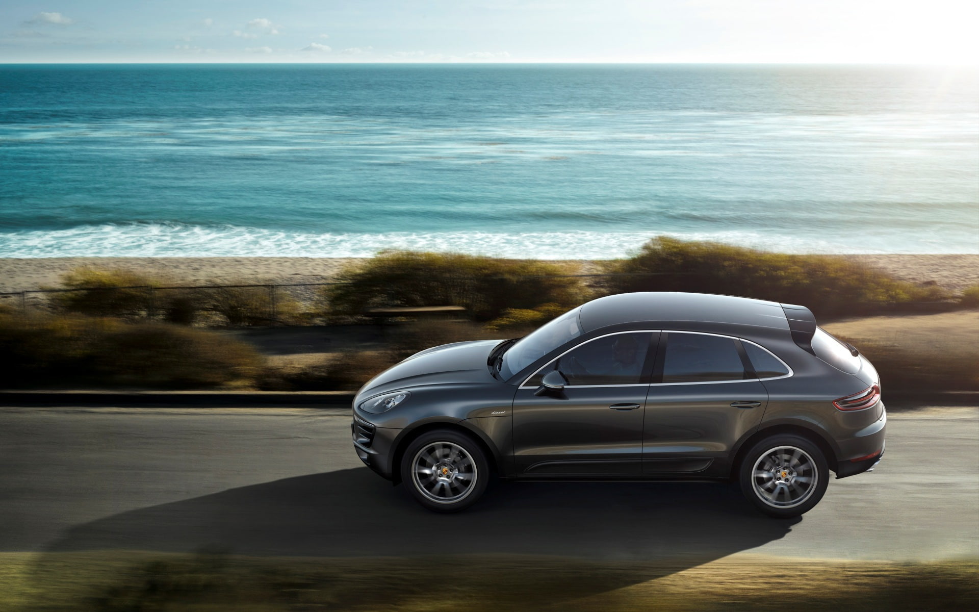 shore, 1080P, Porshe, 2014, jeep, Macan S, SUV, Macan, rocks, the sun, Porsche, wave, sea, Makan, landscape, road, HD Wallpaper