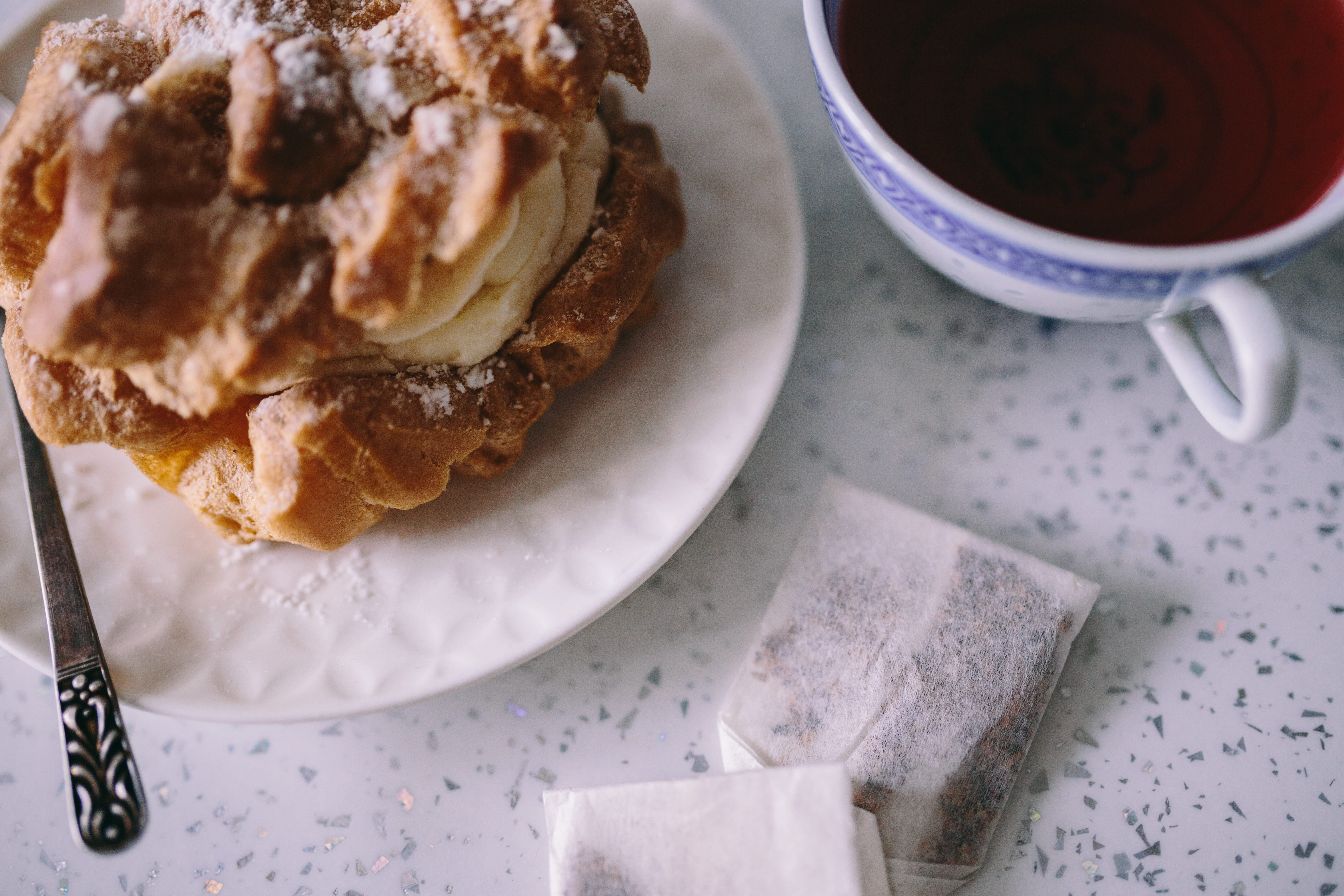 cup, fork, Coffee, indulgence, still life, table, cream, cup of tea, ready-to-eat, refreshment, breakfast, sweet, baked pastry item, sweet Food, plate, HD Wallpaper