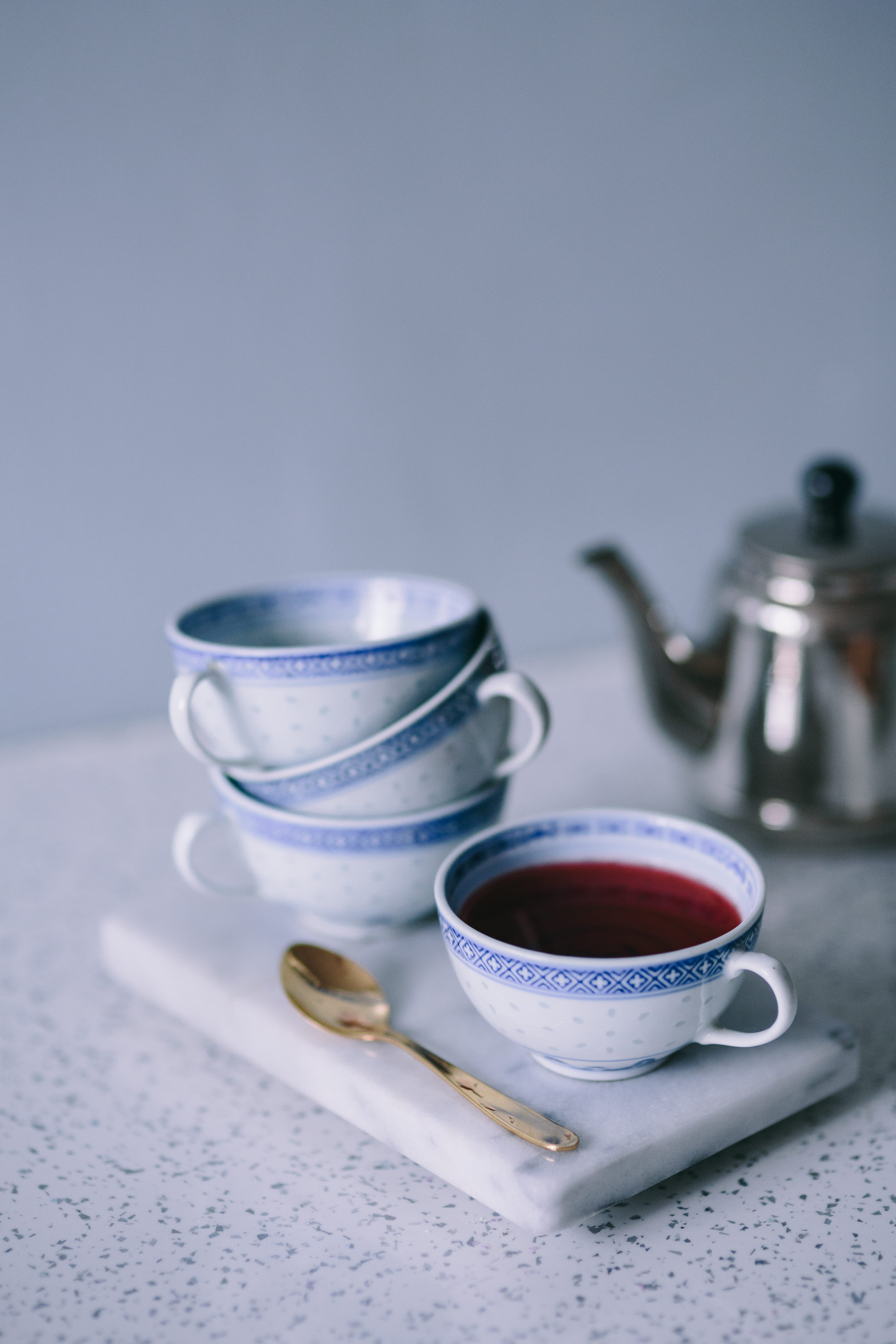 focus on foreground, indoors, 5K, cake, tea, Tee, cup, crockery, coffee Cup, no people, tea cup, Cream Puffs, cream, blue, cookie, cup of tea, tea - Hot Drink, Phone HD Wallpaper