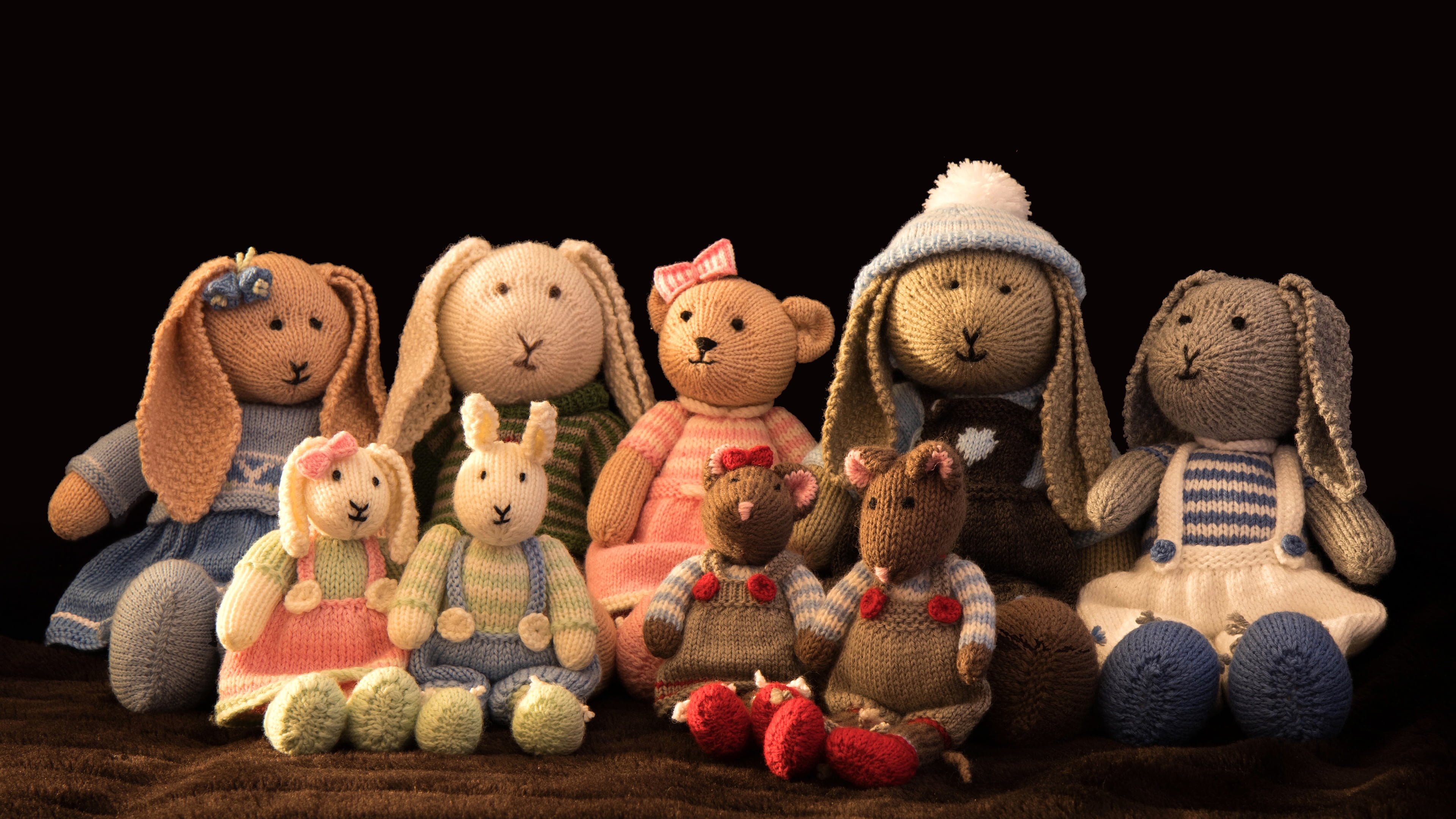 soft toys, dress, childhood, black background, costume, vintage, knitted, 4K, retro, comfort, different, toy, style, Bunny, a lot, clothing, toys, mouse, HD Wallpaper