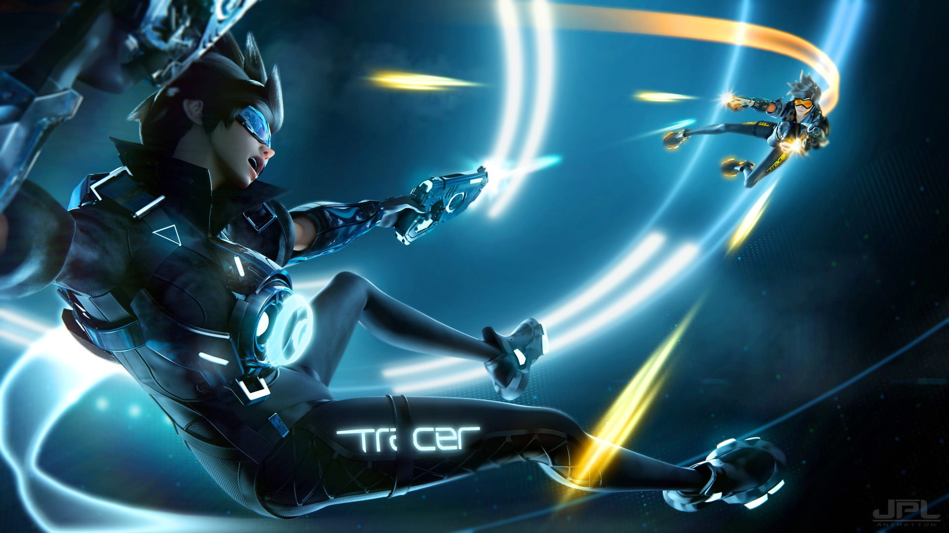 Tracer (Overwatch), arts culture and entertainment, technology, low angle view, digital, digital composite, side view, crossover, young men, indoors, suit, HD Wallpaper