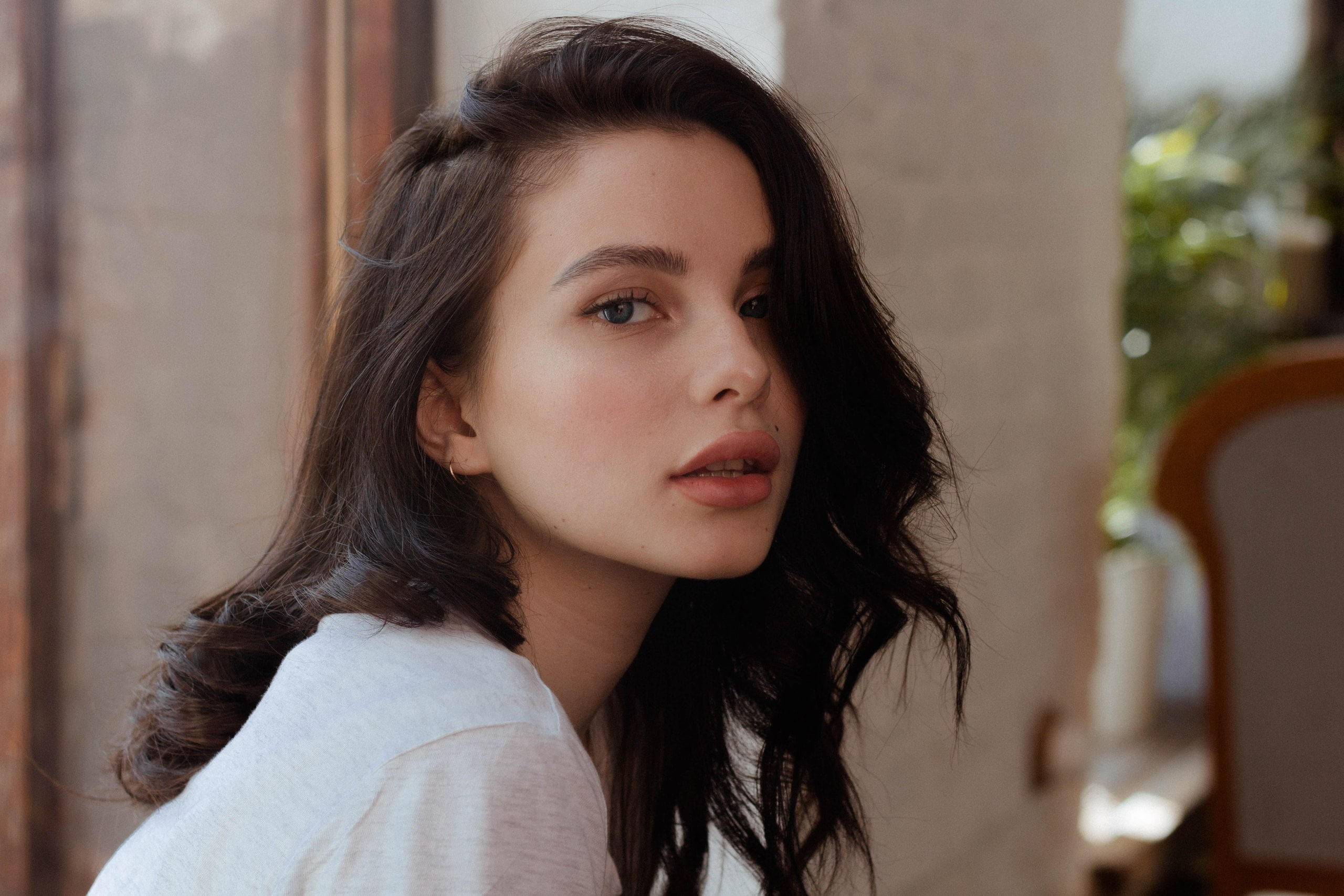 women indoors, contemplation, hairstyle, close-up, face, beautiful woman, day, focus on foreground, looking at camera, long hair, looking at viewer, one person, HD Wallpaper