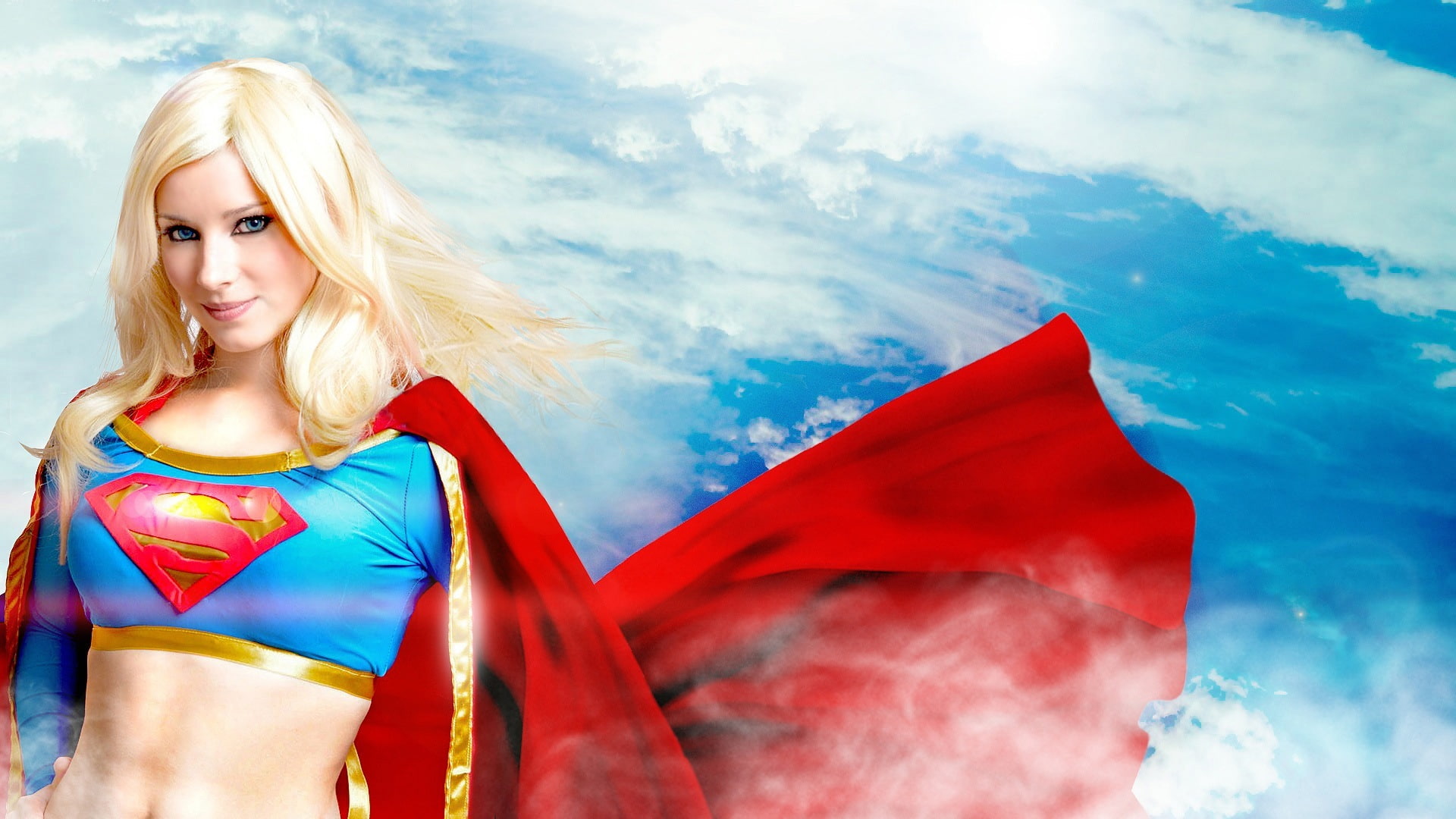 blond Hair, girl, sky, looking at camera, caucasian Ethnicity, red, females, beauty, young women, patriotism, portrait, national Landmark, flag, women, HD Wallpaper