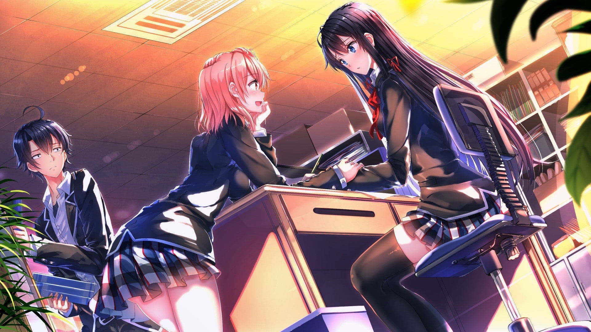 Hikigaya Hachiman, Swordsouls, front view, schoolgirls, sexy anime, low angle view, 1080P, young adult, sitting, women, three quarter length, real people, HD Wallpaper