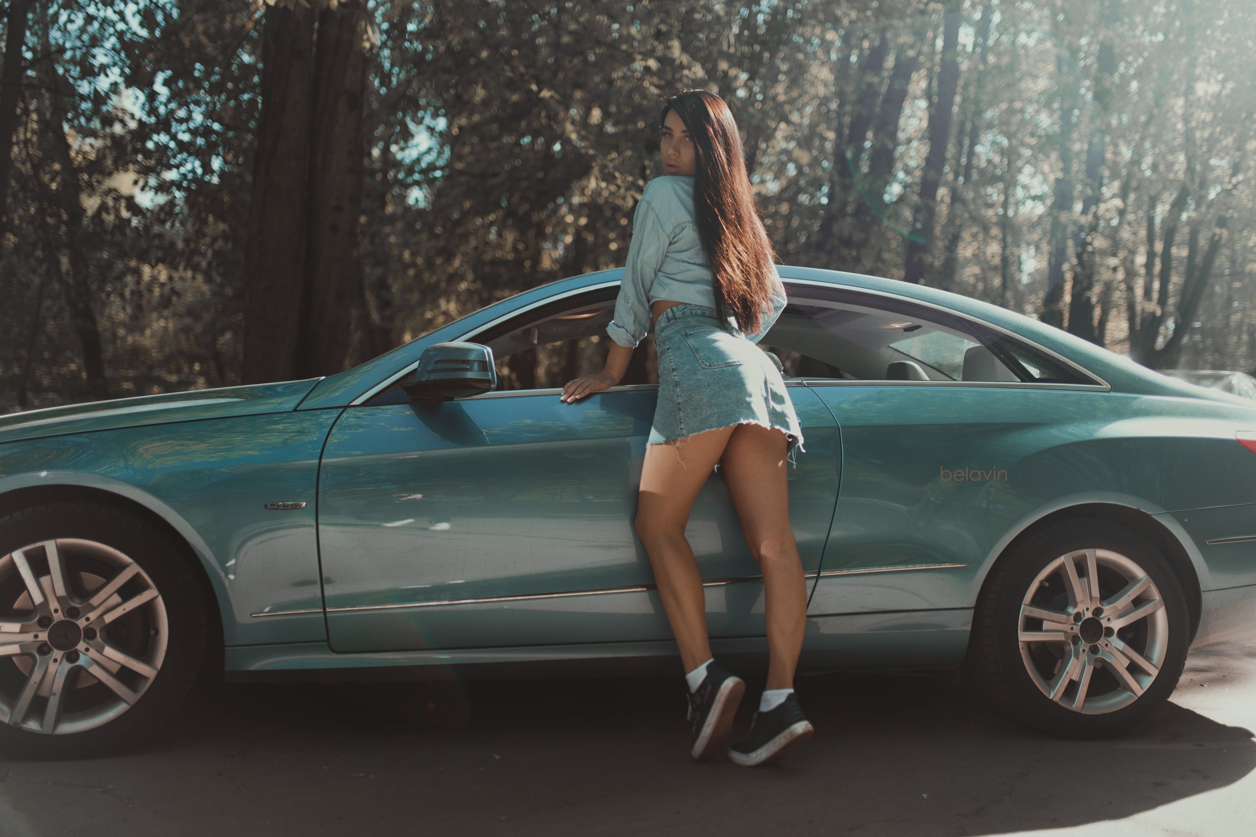mode of transportation, sneakers, young adult, plant, full length, Mercedes-Benz, lifestyles, 2K, denim skirt, nature, trees, motor vehicle, transportation, HD Wallpaper