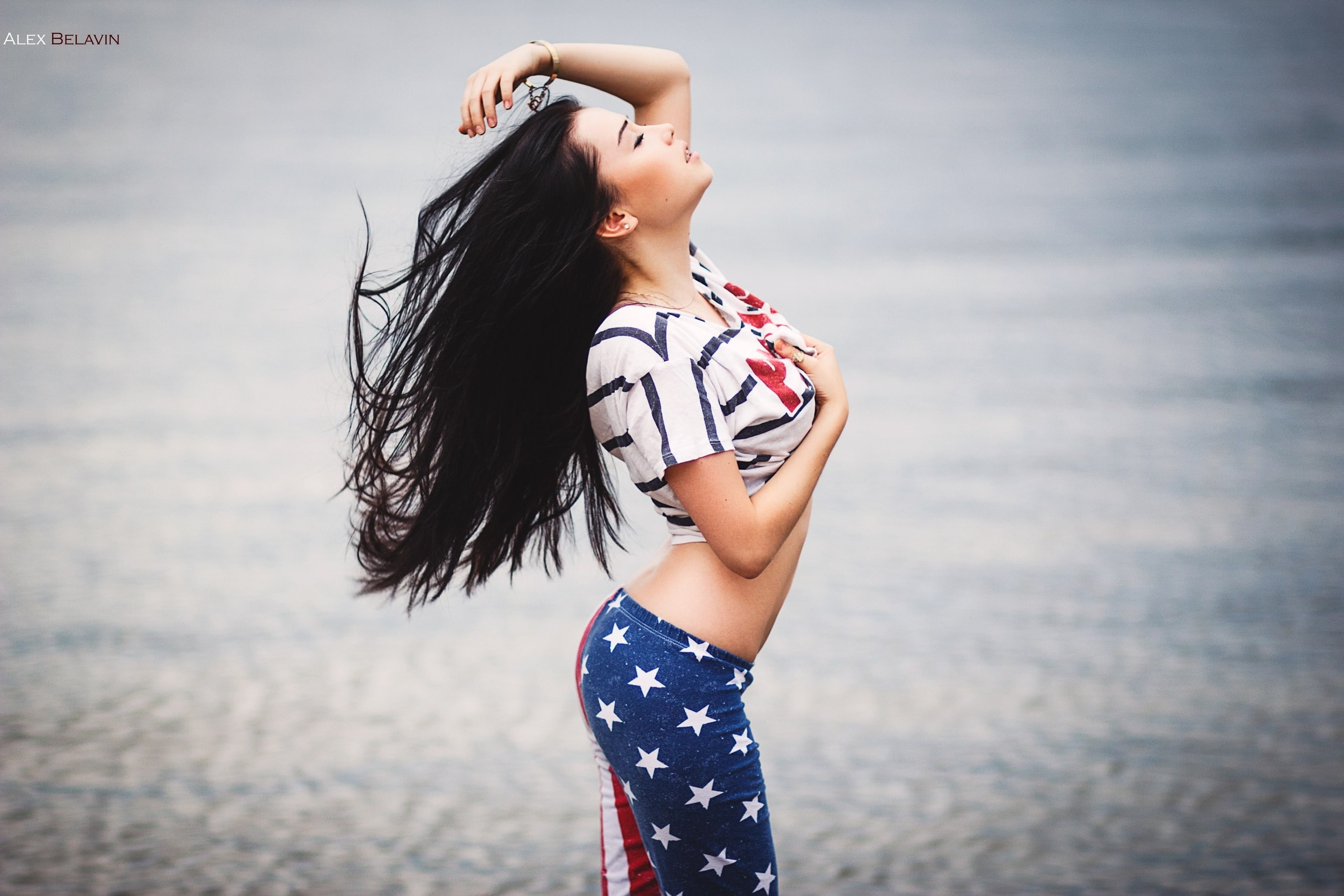 black hair, Alexander Belavin, portrait, pants, 2K, women, closed eyes, HD Wallpaper