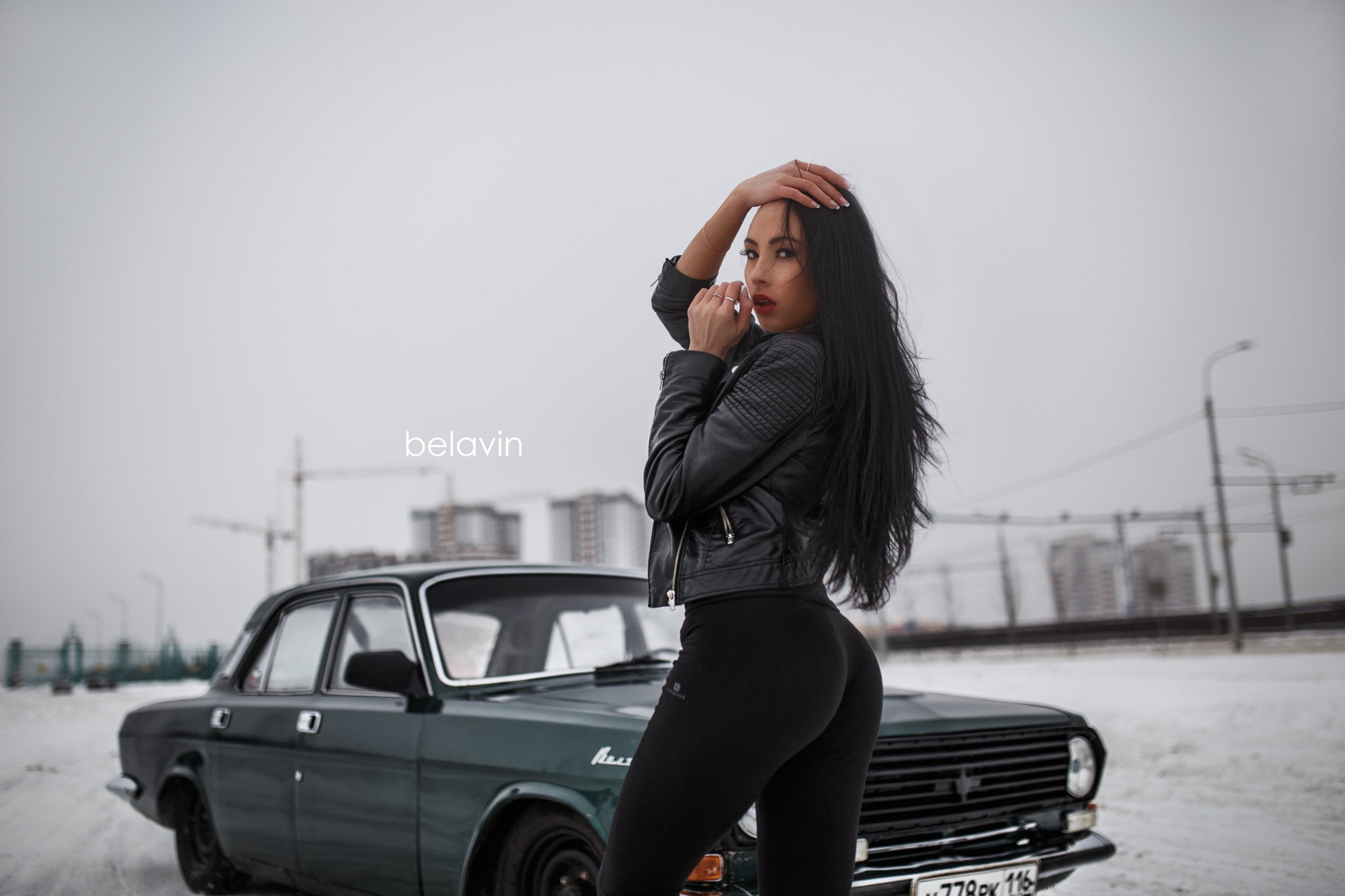 young adult, motor vehicle, day, women ass brunette hands on head looking at viewer women with cars jacket leather leggings alexander belavin, three quarter length, HD Wallpaper