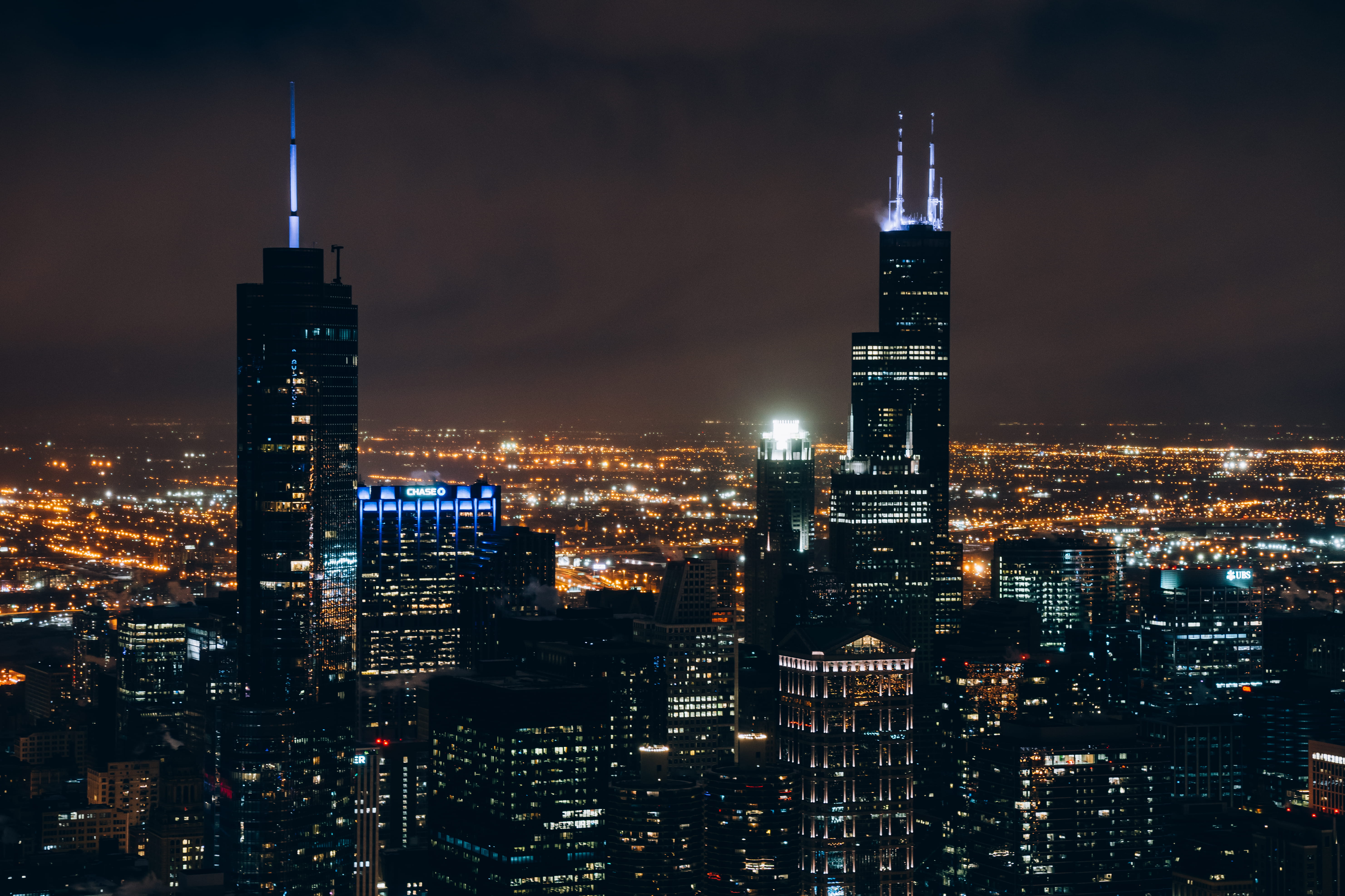 office, building exterior, downtown, evening, skyscrapers, time, tall - high, tower, urban, skyline, financial district, 5K, night, skyscraper, landscape, HD Wallpaper