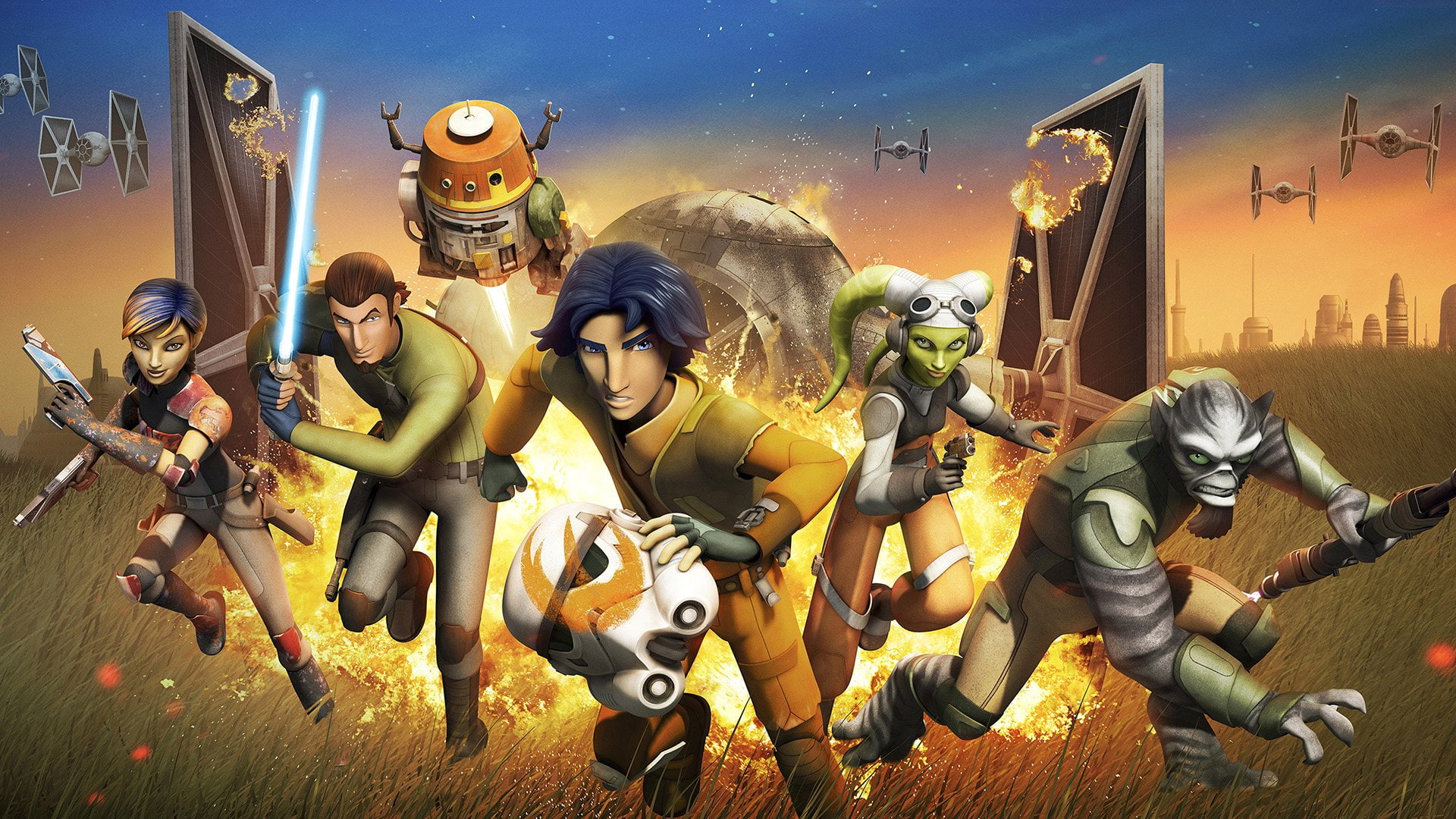 robot, Hera Syndulla, Ezra Bridger, representation, Sabine Wren, female likeness, yellow, Kanan Jarrus, the past, creativity, sky, male likeness, architecture, HD Wallpaper