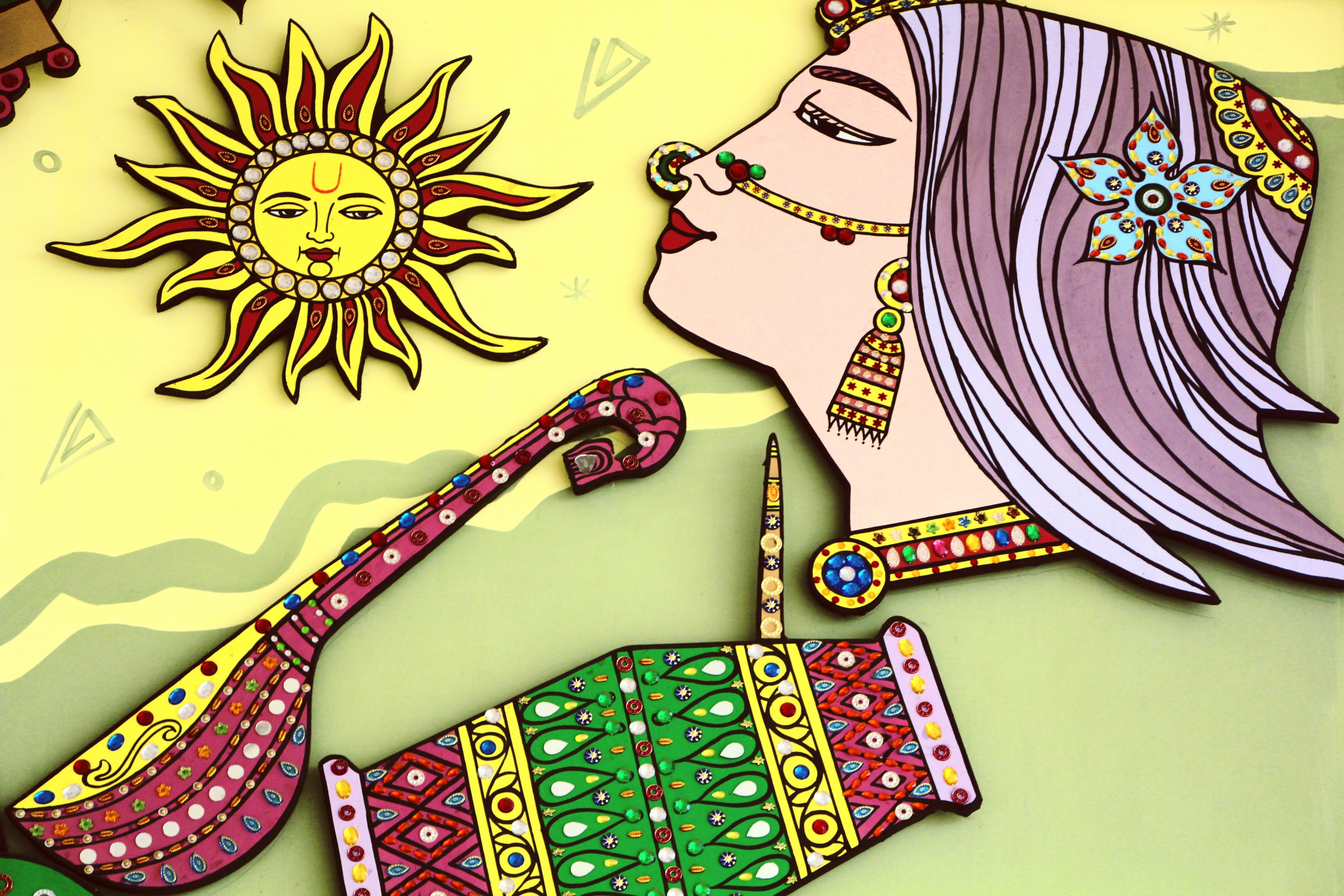 classical art, Painting, yellow, backgrounds, pattern, Indian Art, floral pattern, creativity, handcraft, indoors, human representation, no people, day, HD Wallpaper
