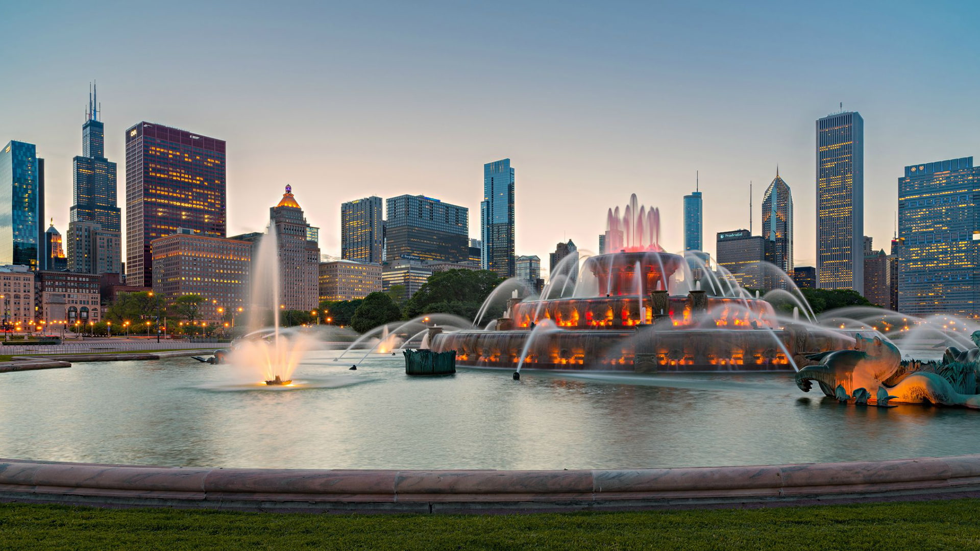 fountain, 1080P, hd, cityscape, chicago, buildings, skyscrapers, buckingham, HD Wallpaper