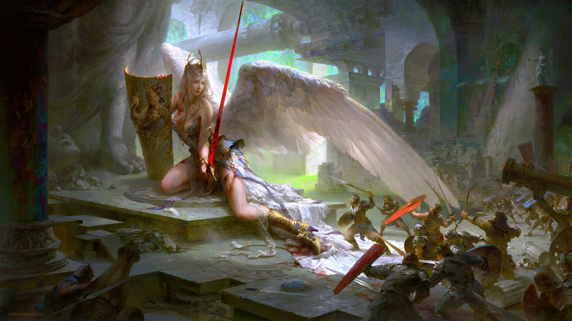 sword, white wings, blood, statues, the battle, shield, hunt angel, Guangjian Huang, attack, temple, Barbara, injured, peaks, 1080P, girl-angel, battle, HD Wallpaper
