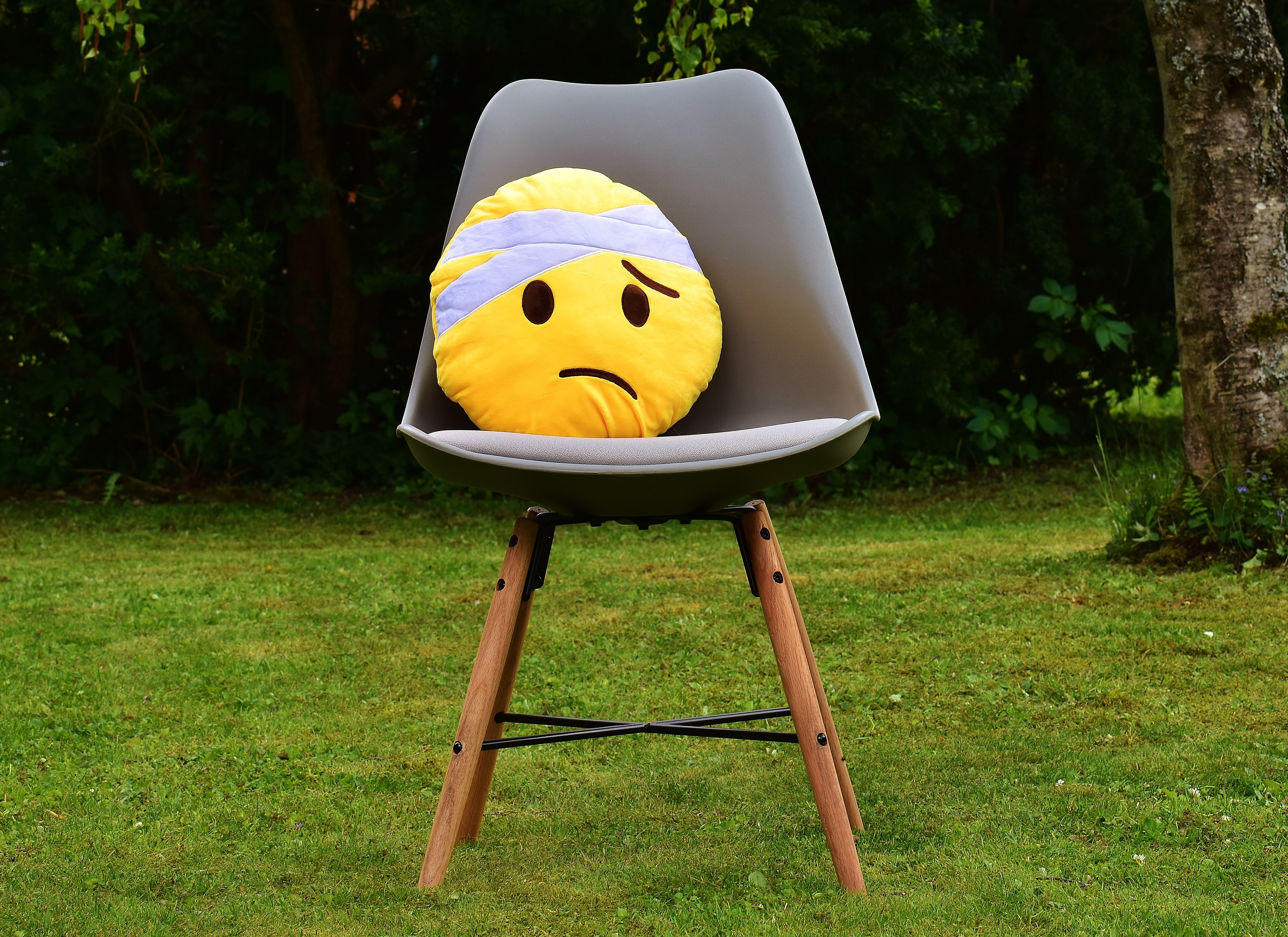 pillow, human representation, green color, outdoors, field, front or back yard, ill, land, plush, day, nature, injured, get well soon, toy, chair, emoji, HD Wallpaper