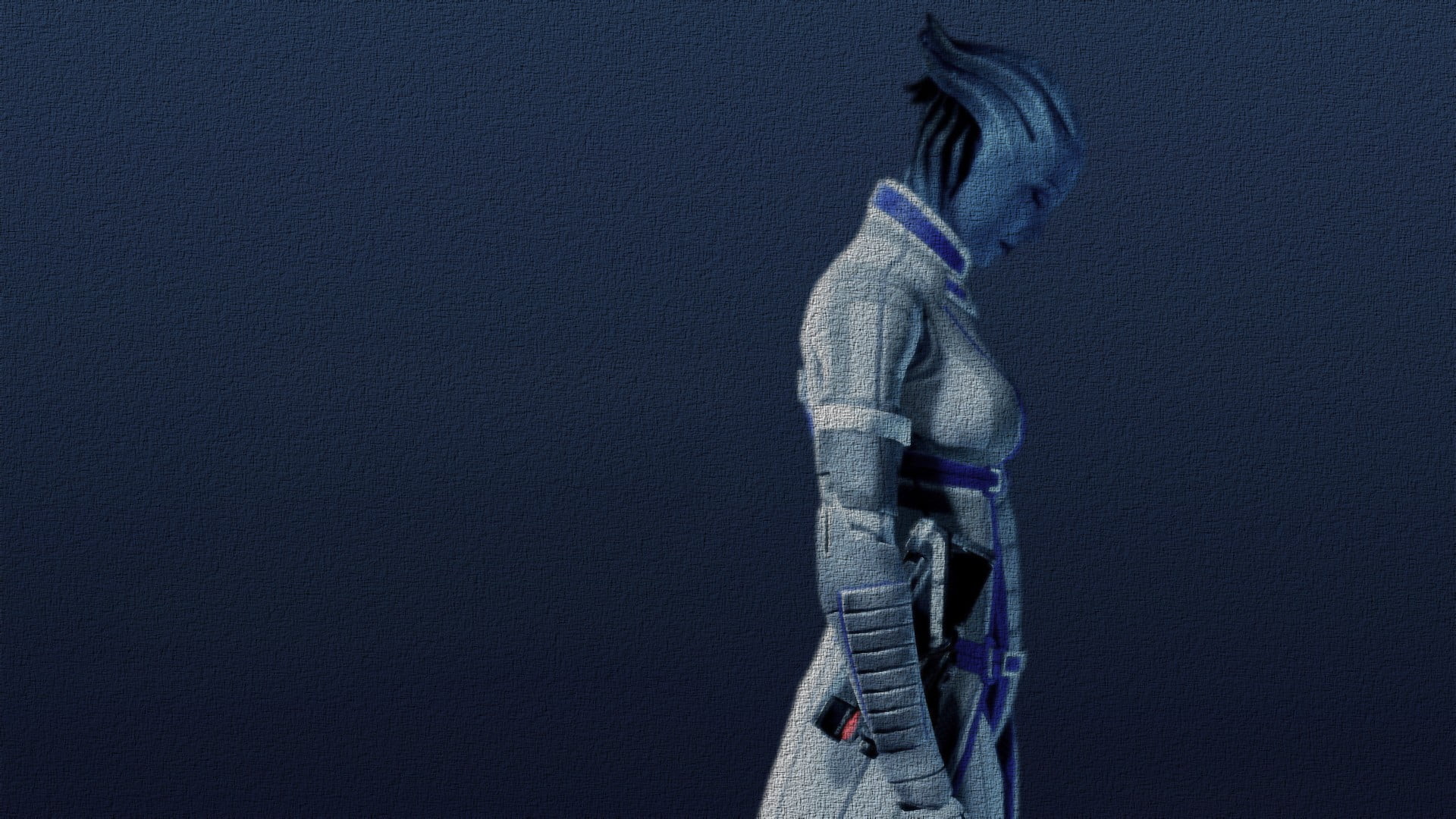 domestic, mammal, textile, artwork, Mass Effect, copy space, character, pets, architecture, indoors, blue, soldier, rear view, domestic animals, clothing, HD Wallpaper