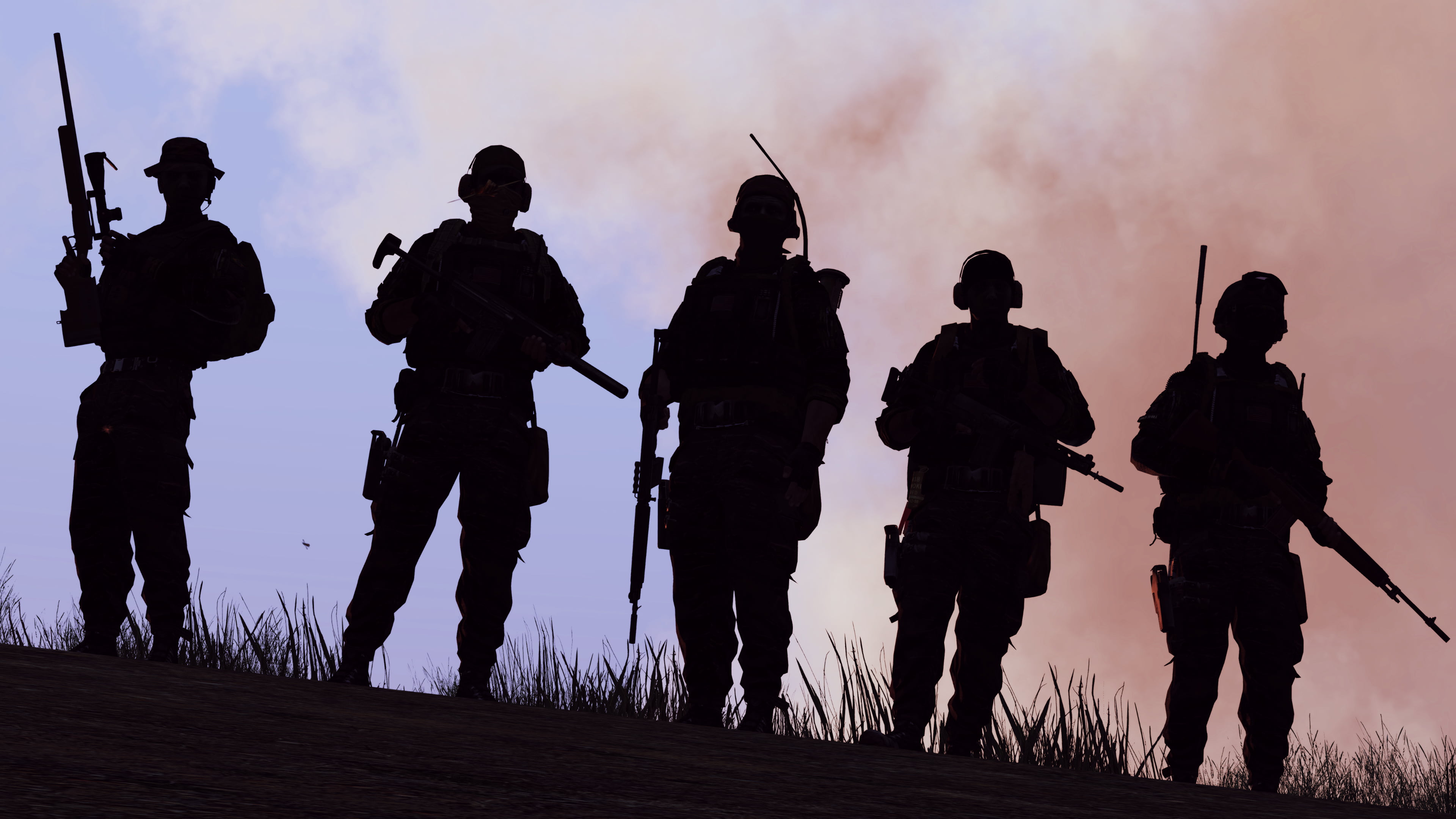 soldiers, five, weapon, 4K, men, government, digital, the game, army soldier, day, people, ARMA 3, group of people, full length, sky, gun, weapons, HD Wallpaper