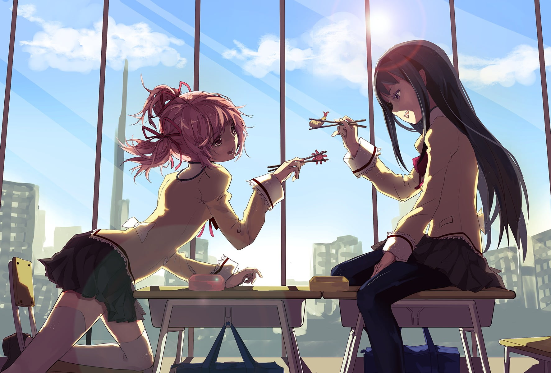 seat, Kaname Madoka, school uniform, adult, lifestyles, real people, chair, casual clothing, nature, young women, sky, sitting, Akemi Homura, sunlight, HD Wallpaper