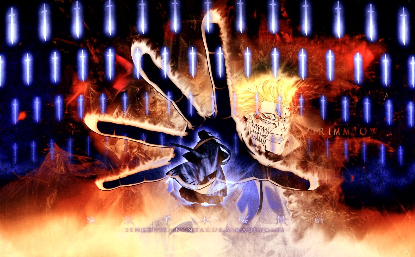 multi colored, Kuchiki Byakuya, 720P, reflection, glowing, close-up, pattern, destruction, illuminated, Grimmjow Jaegerjaquez, flame, blue, Bleach, digital composite, HD Wallpaper