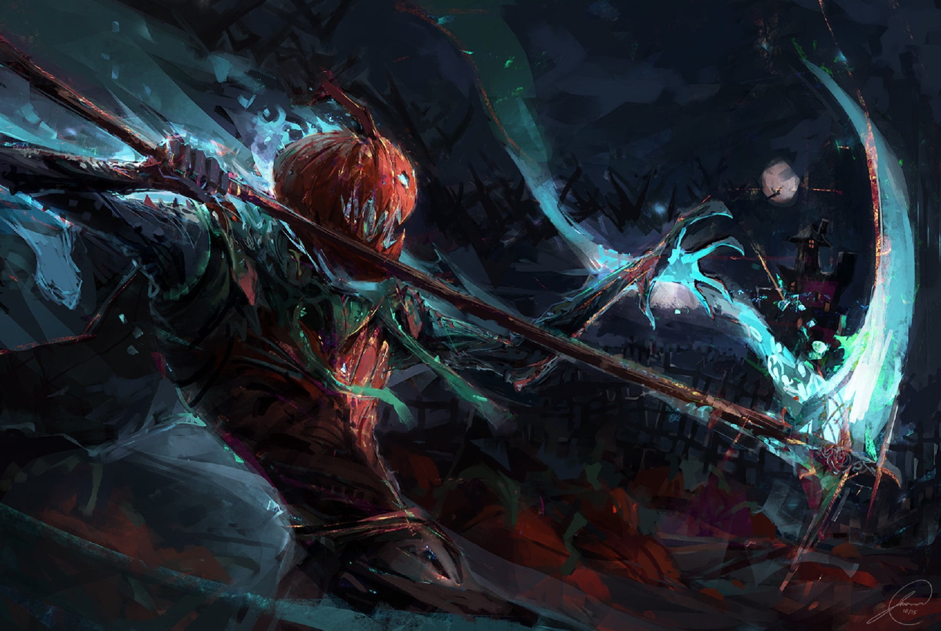 Jason Nguyen, death scythe, Halloween, evil pumpkin, Rise of the Pumpkins, the battle, monster, 1080P, mouth, night, art, the full moon, HD Wallpaper