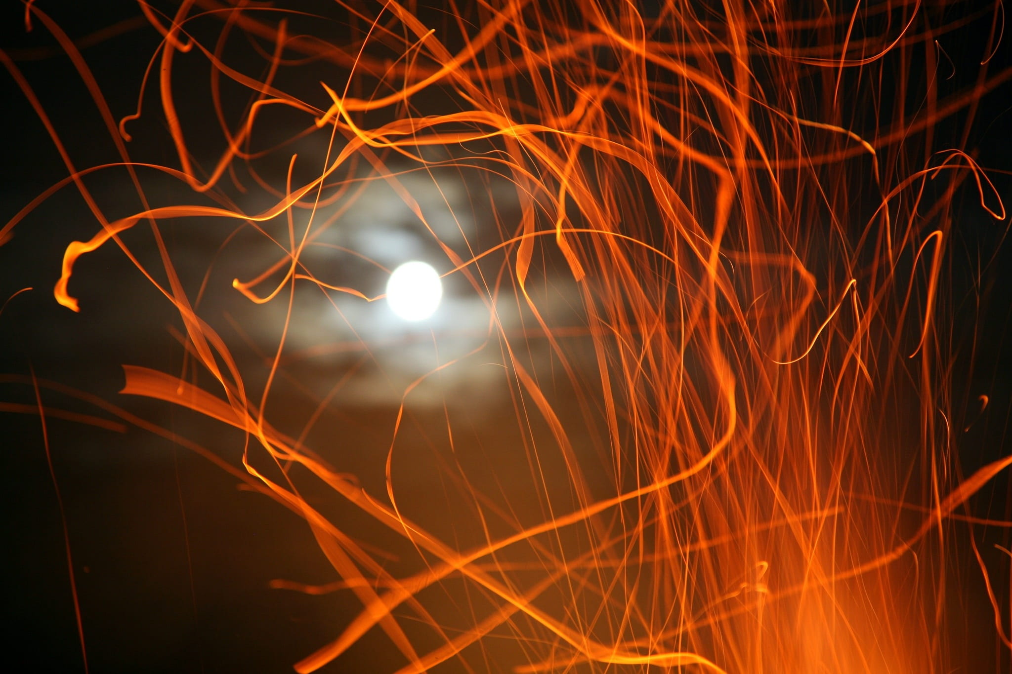 long exposure, coals, nature, ash, moon, glowing, sky, burning, no people, flame, full moon, tree, blurred motion, illuminated, fever, spurts of flame, HD Wallpaper